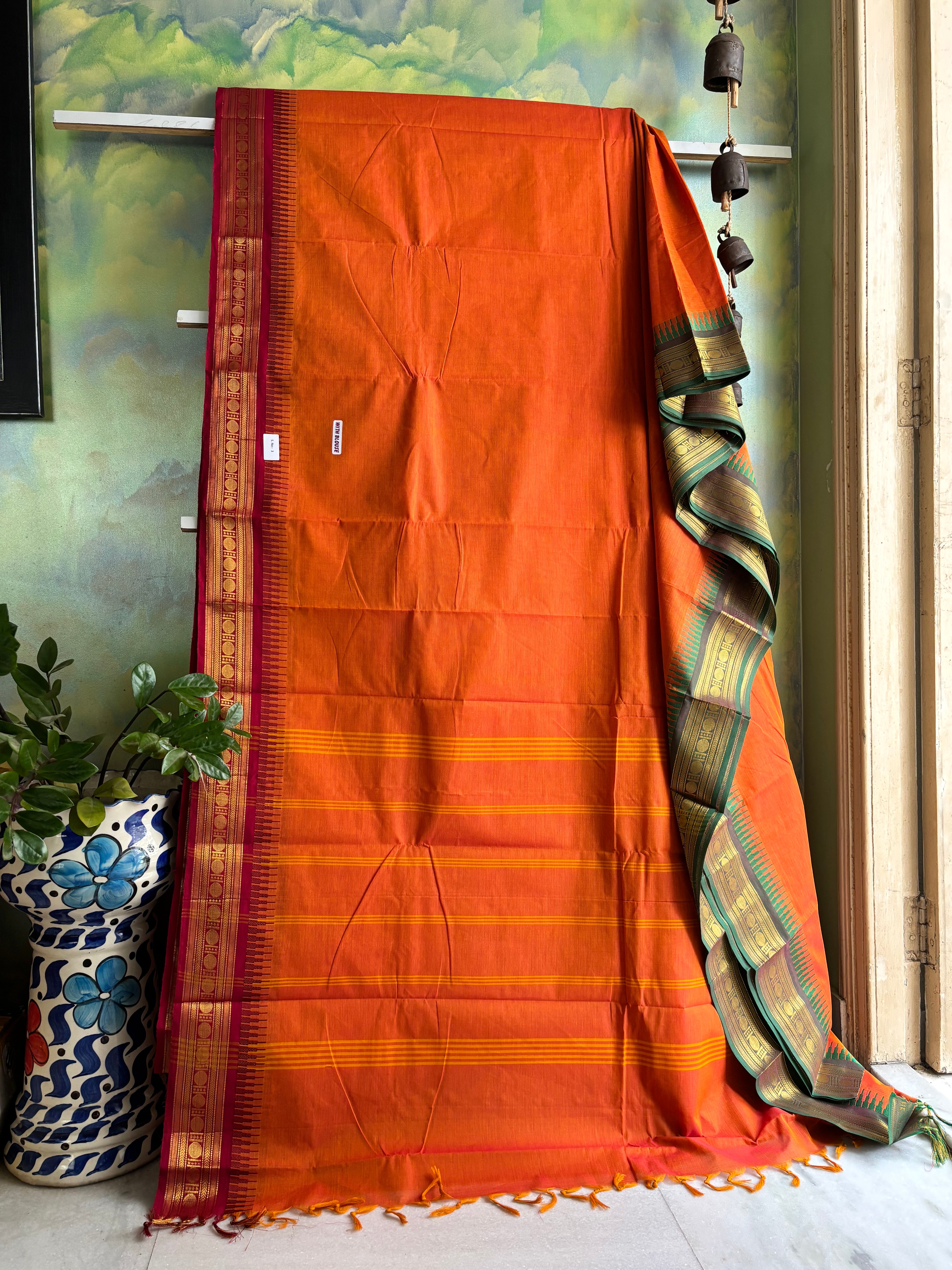 Orange Ganga Yamuna Kanchipuram Cotton Saree