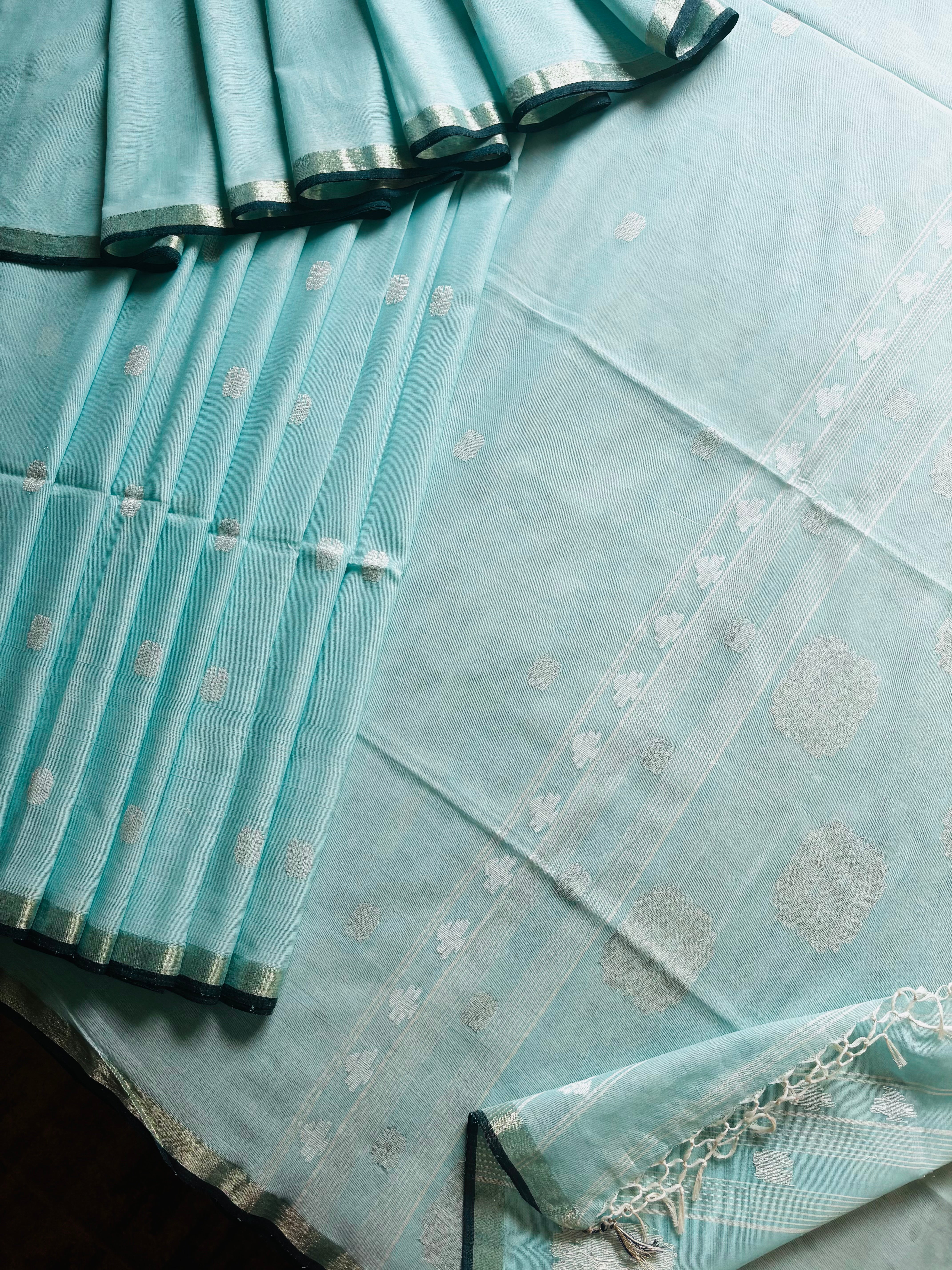 Handwoven Light Aqua Blue Cotton Jamdani Saree