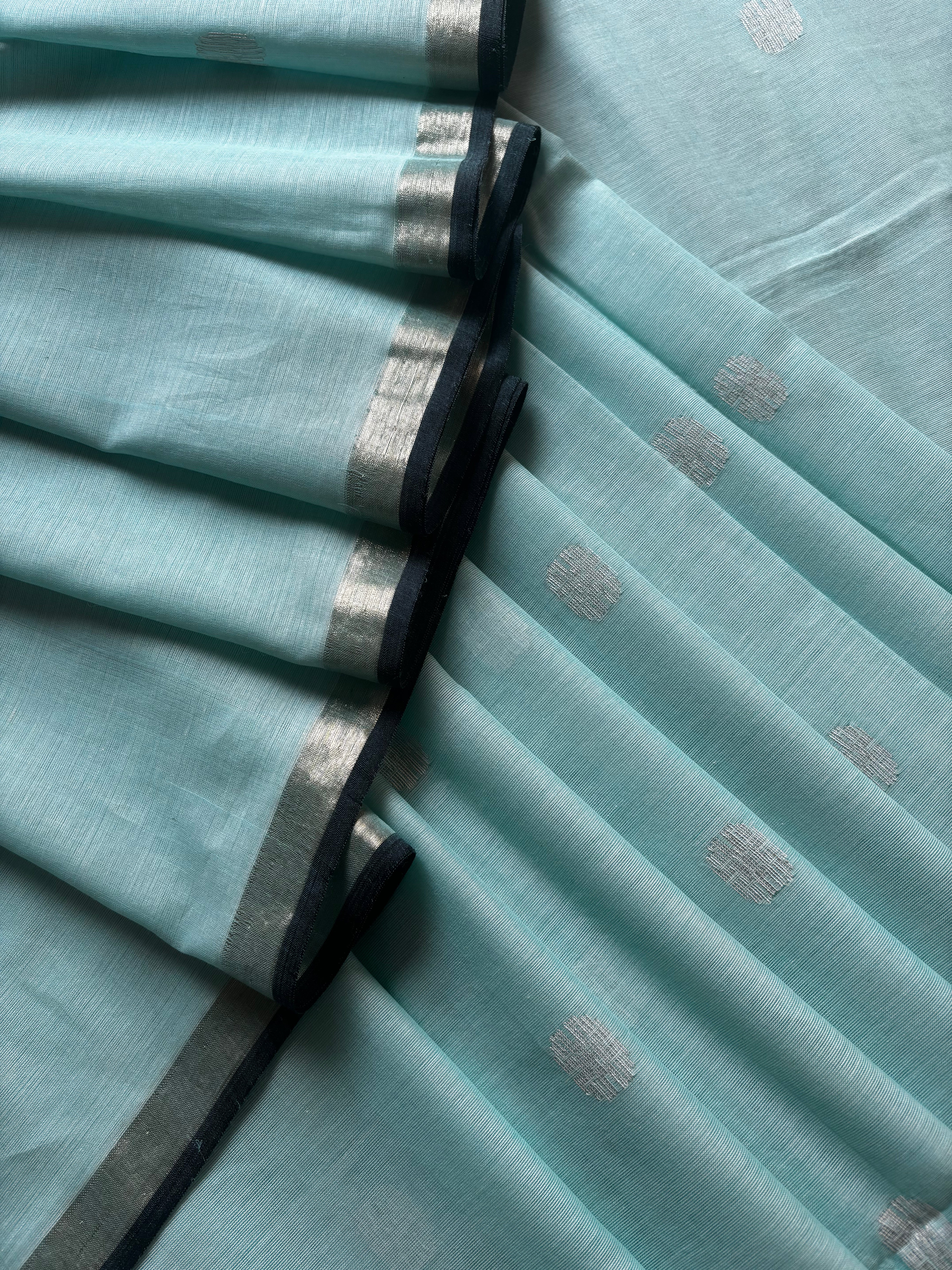 Handwoven Light Aqua Blue Cotton Jamdani Saree