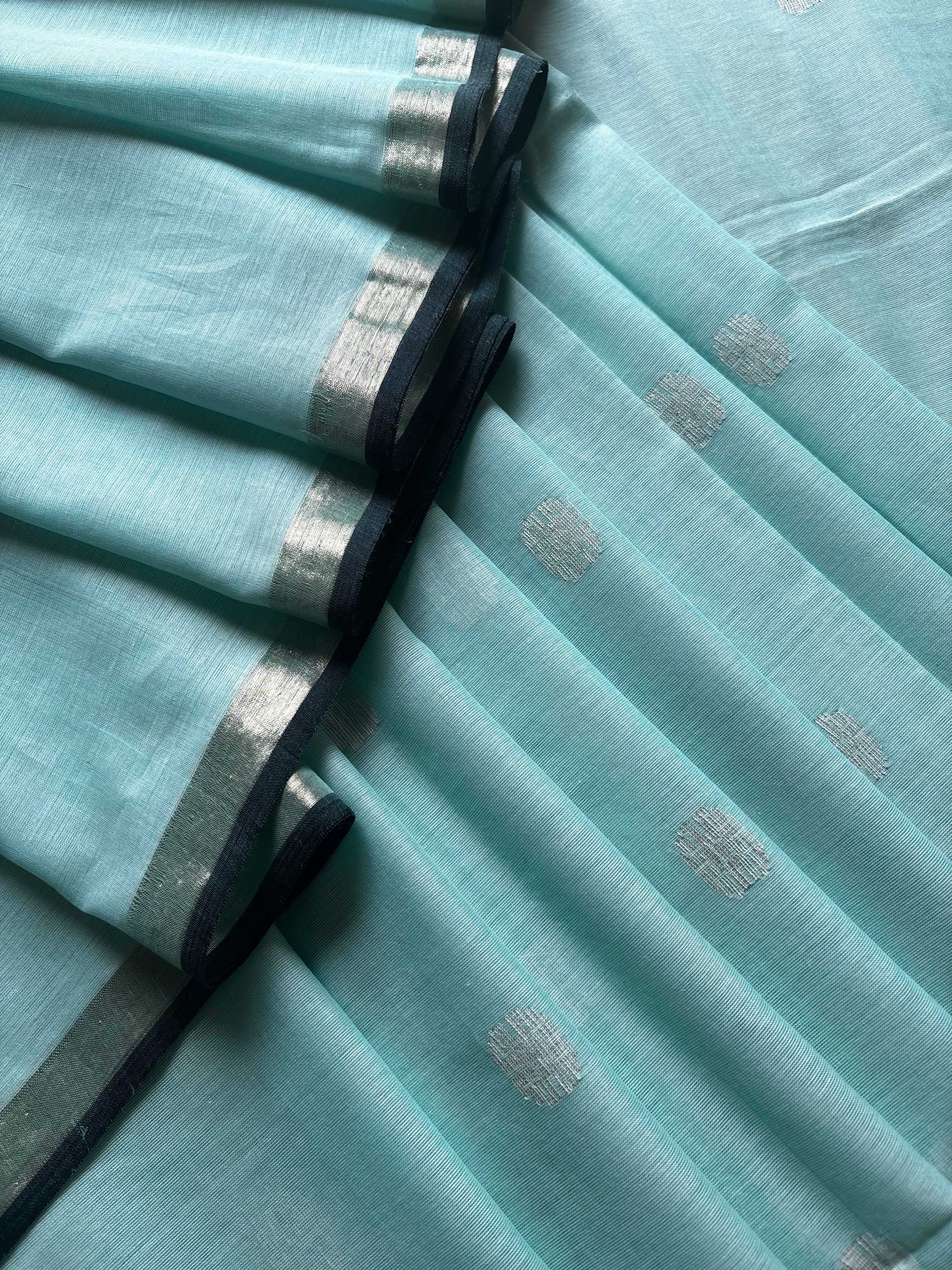 Handwoven Light Aqua Blue Cotton Jamdani Saree