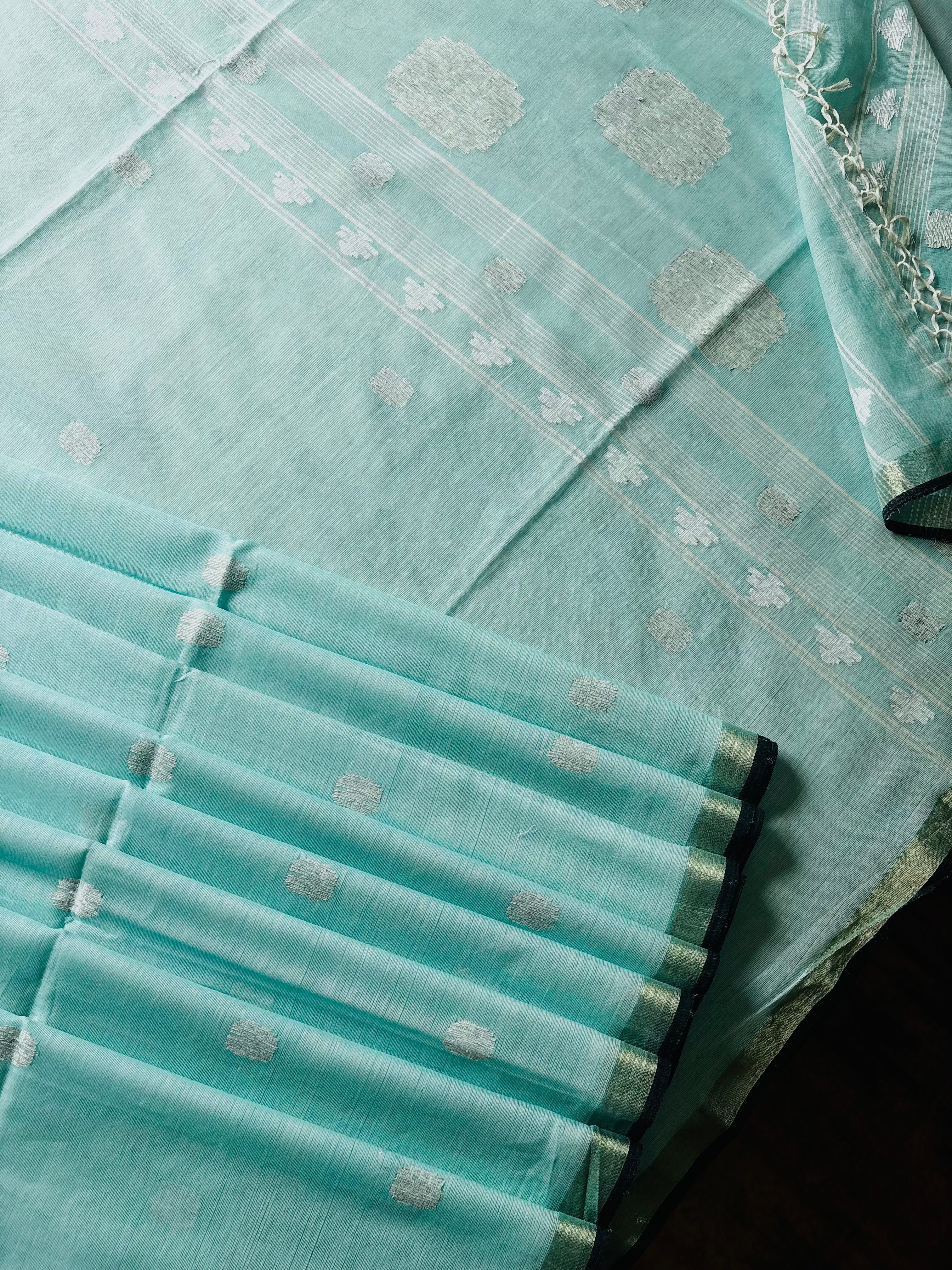Handwoven Light Aqua Blue Cotton Jamdani Saree