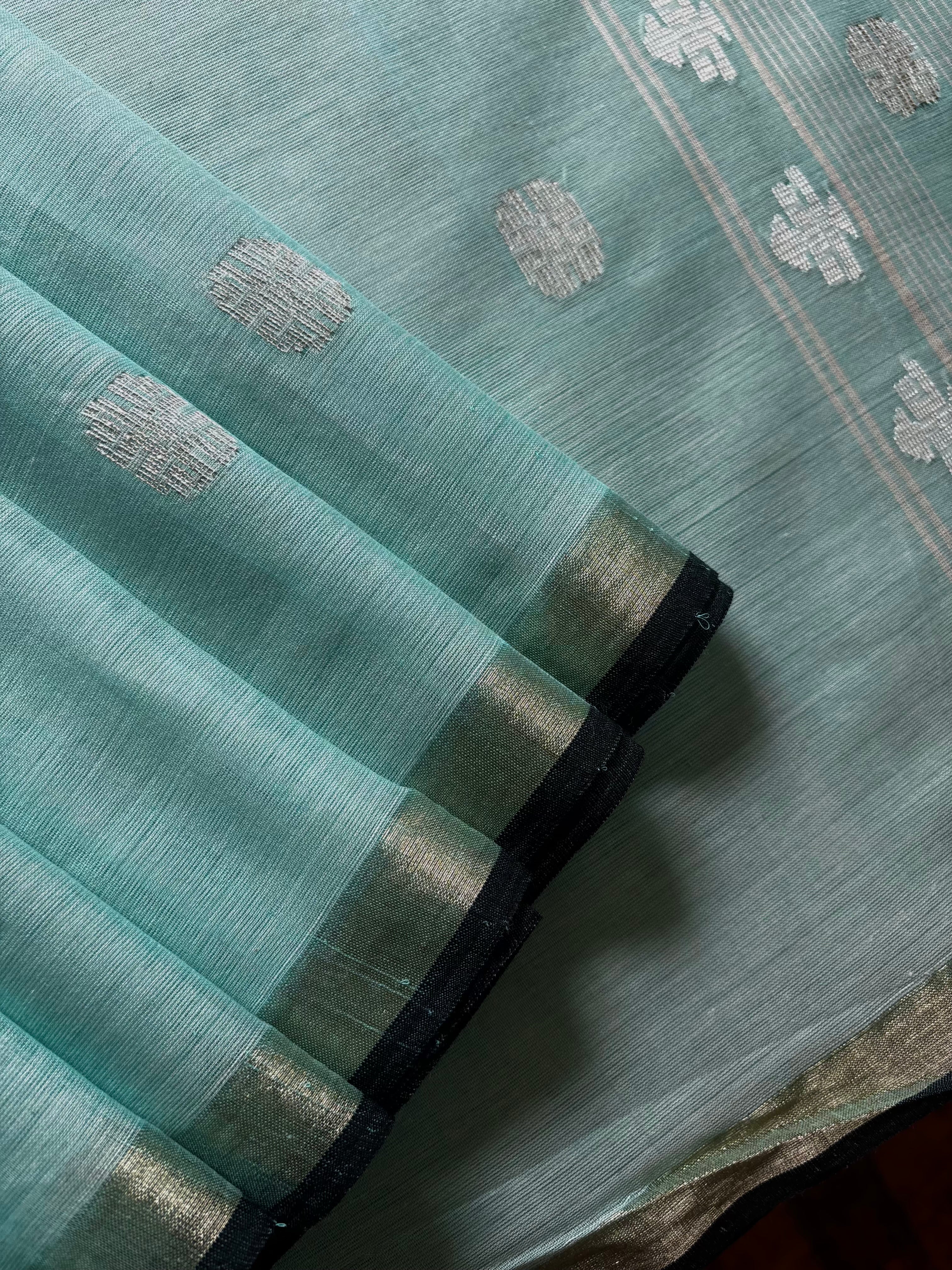 Handwoven Light Aqua Blue Cotton Jamdani Saree