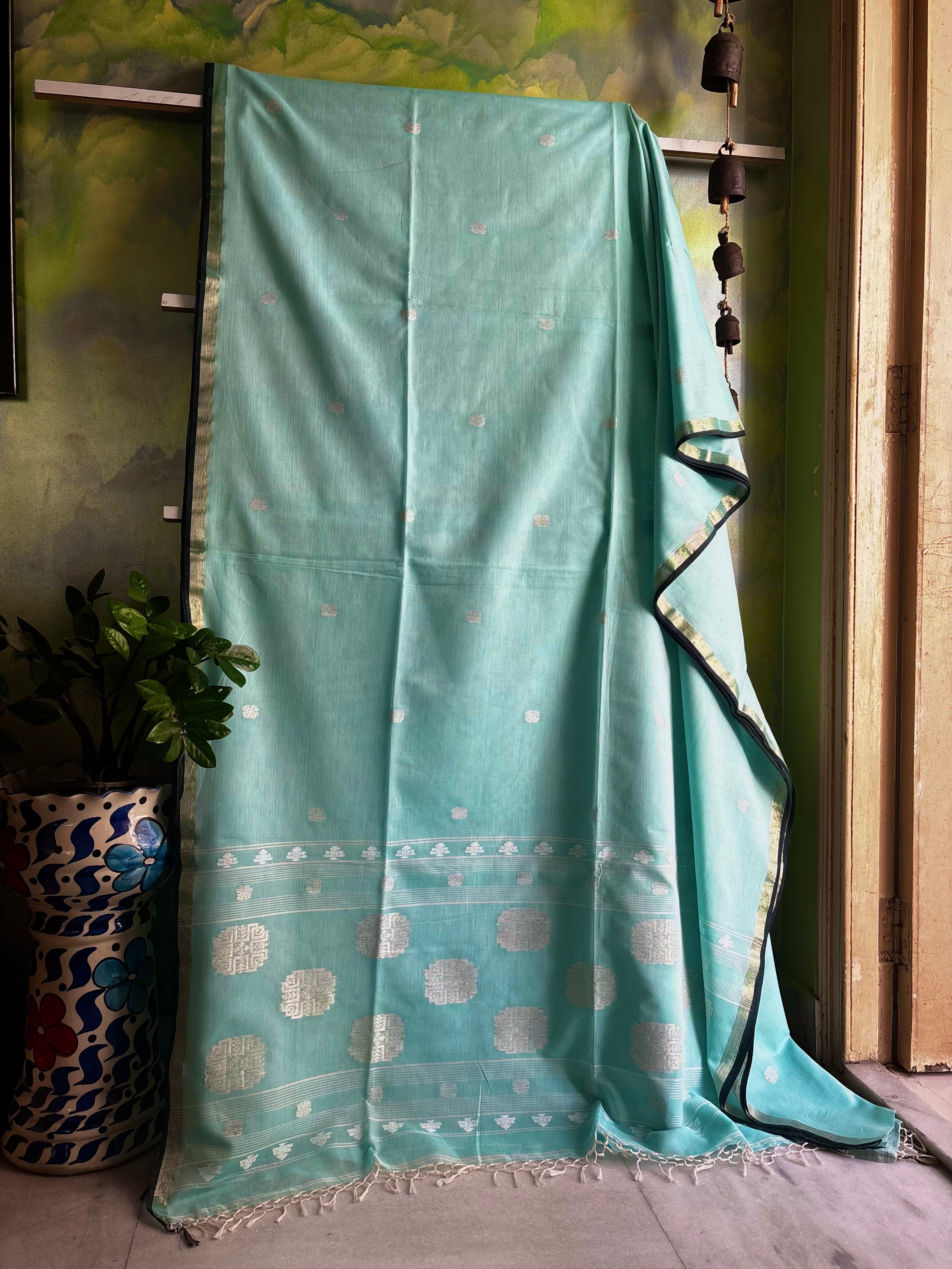 Handwoven Light Aqua Blue Cotton Jamdani Saree