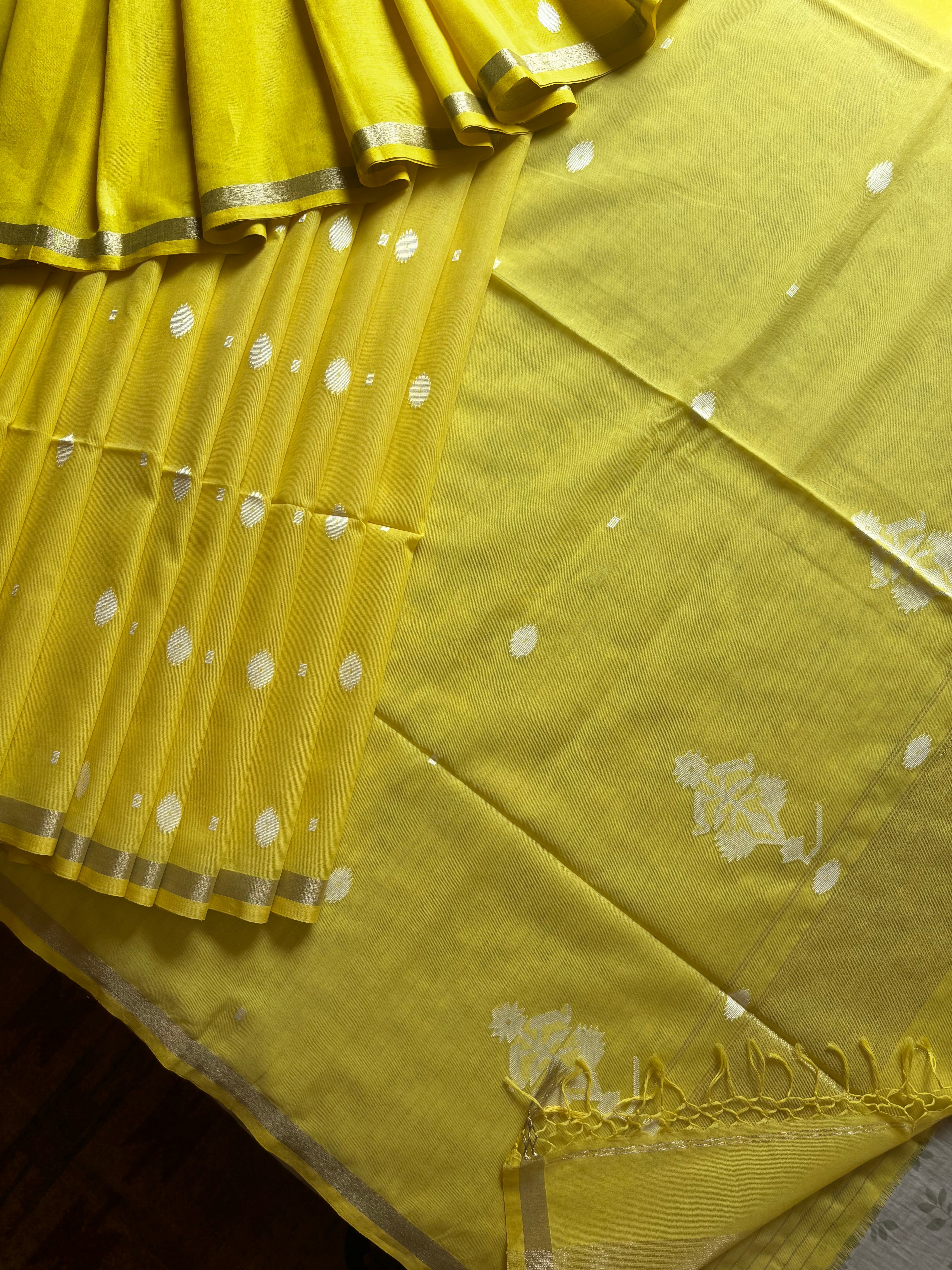 Handwoven Lemon Yellow Cotton Jamdani Saree