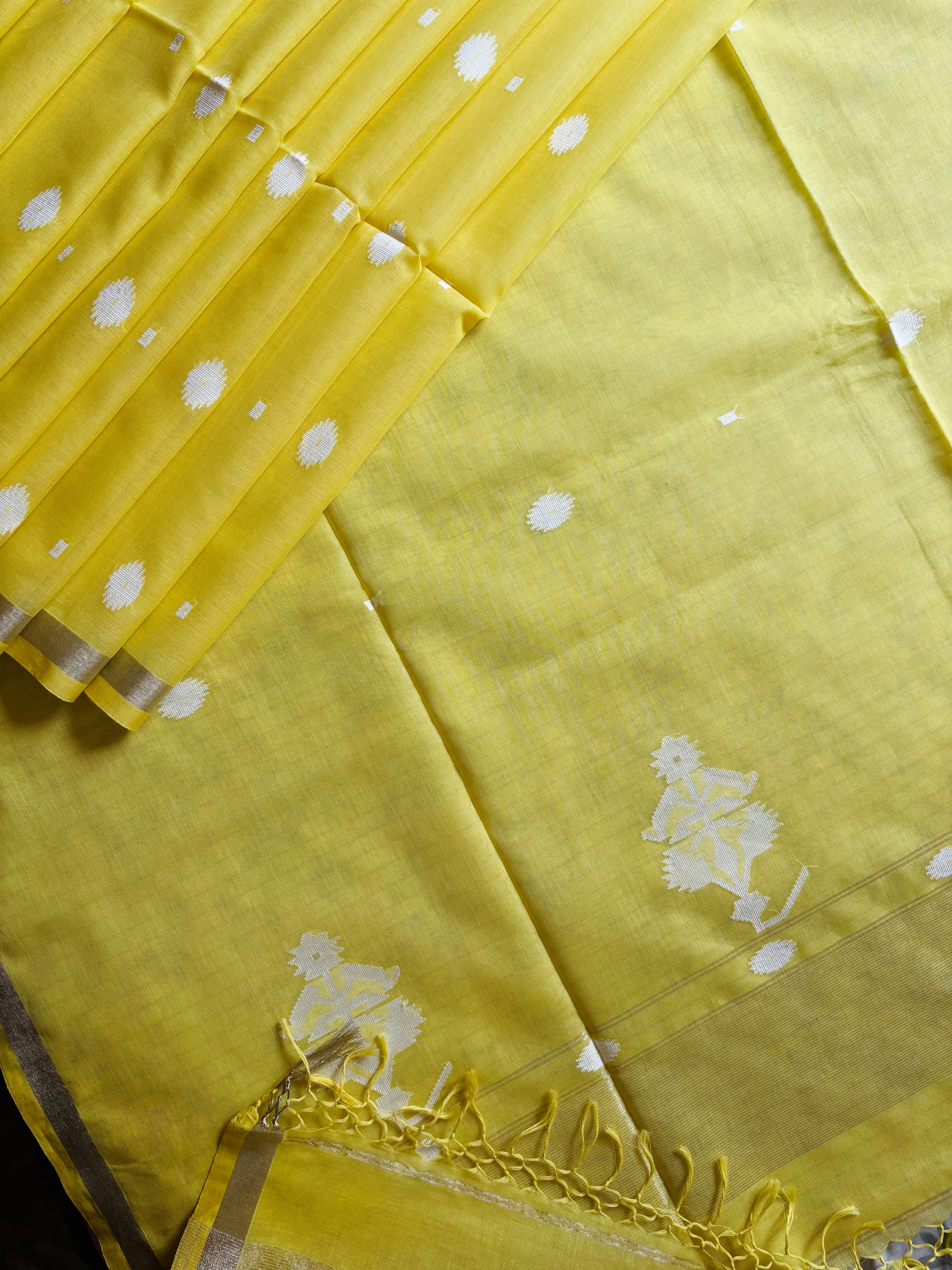 Handwoven Lemon Yellow Cotton Jamdani Saree