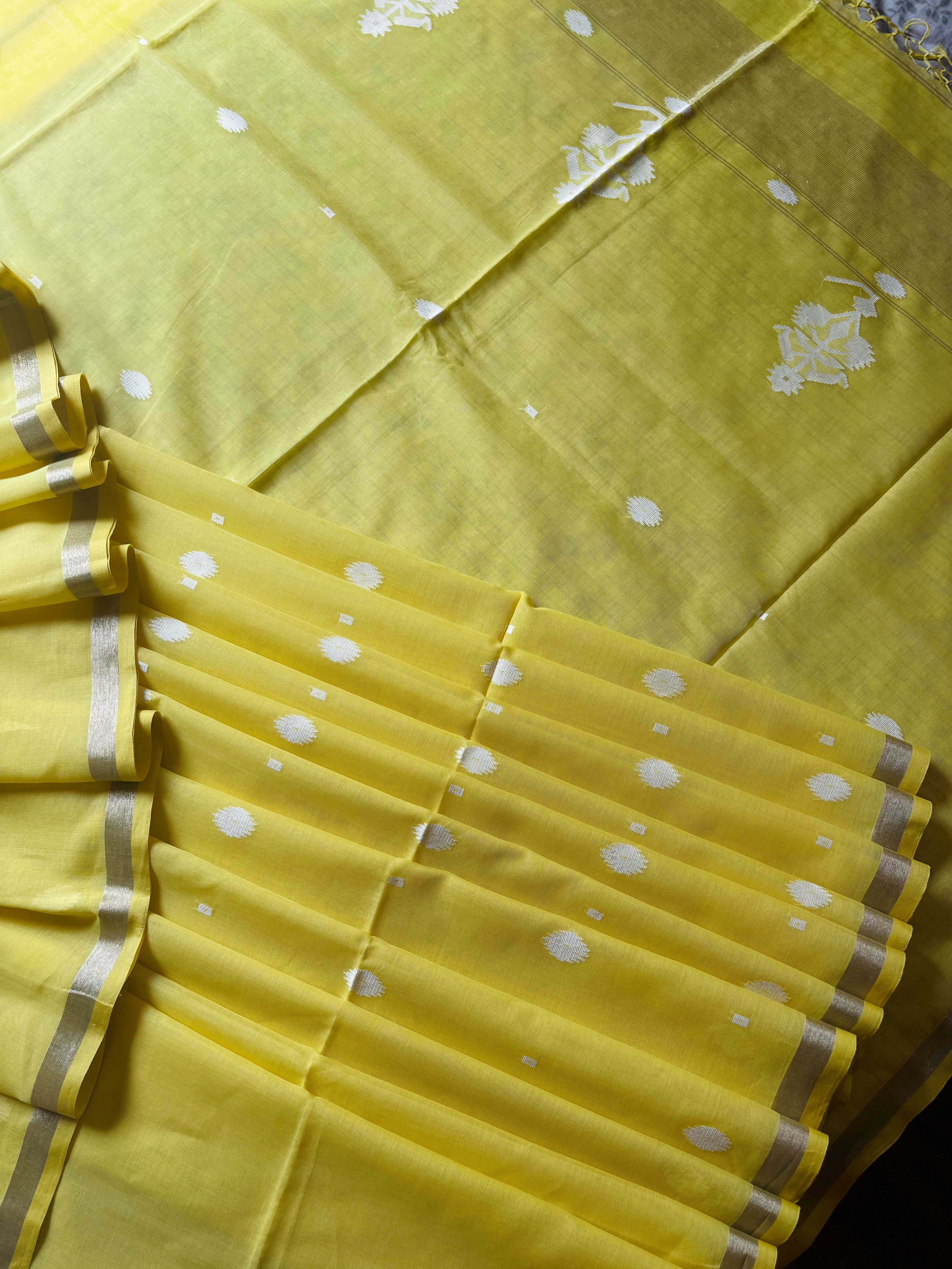 Handwoven Lemon Yellow Cotton Jamdani Saree
