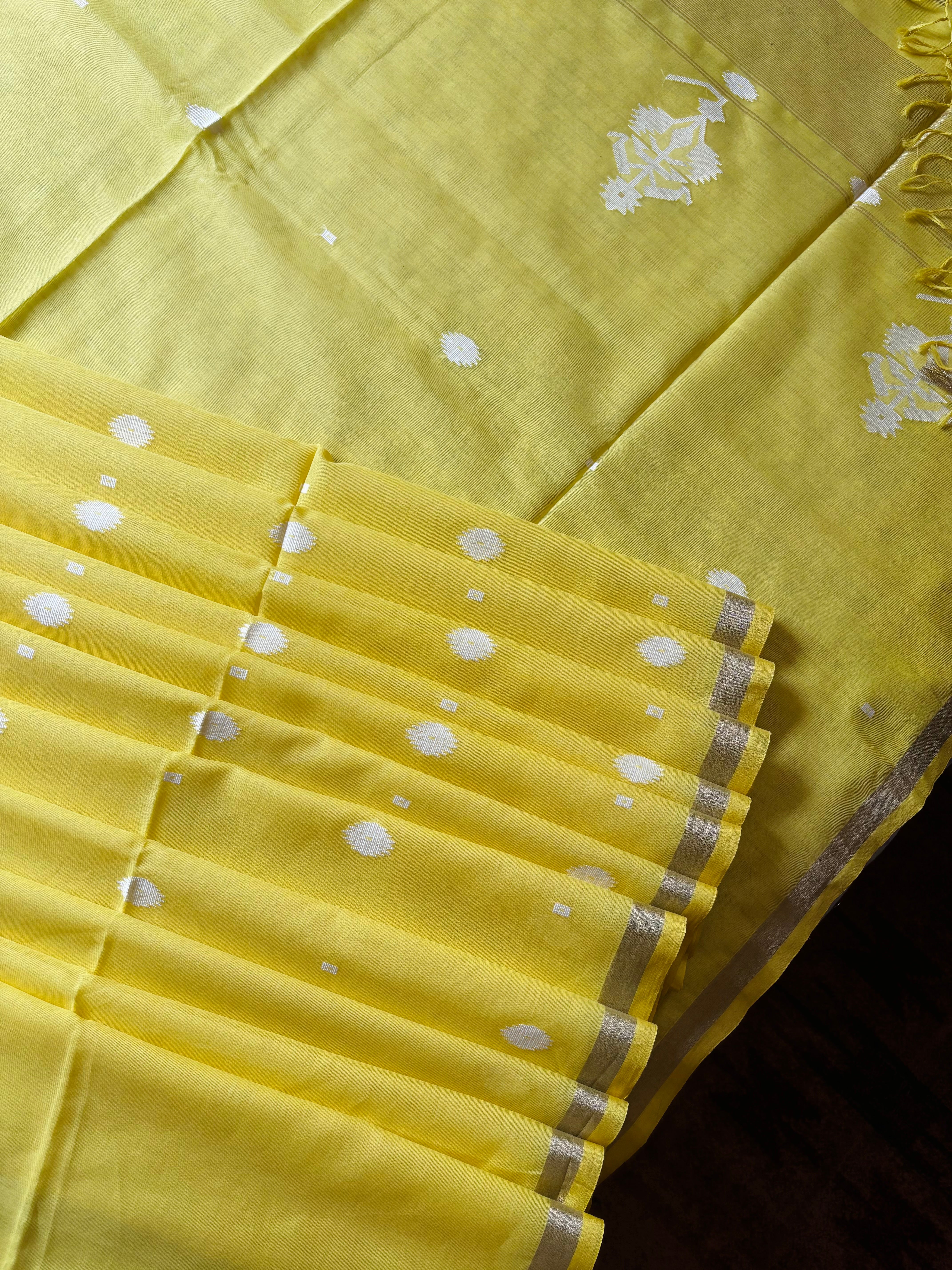 Handwoven Lemon Yellow Cotton Jamdani Saree