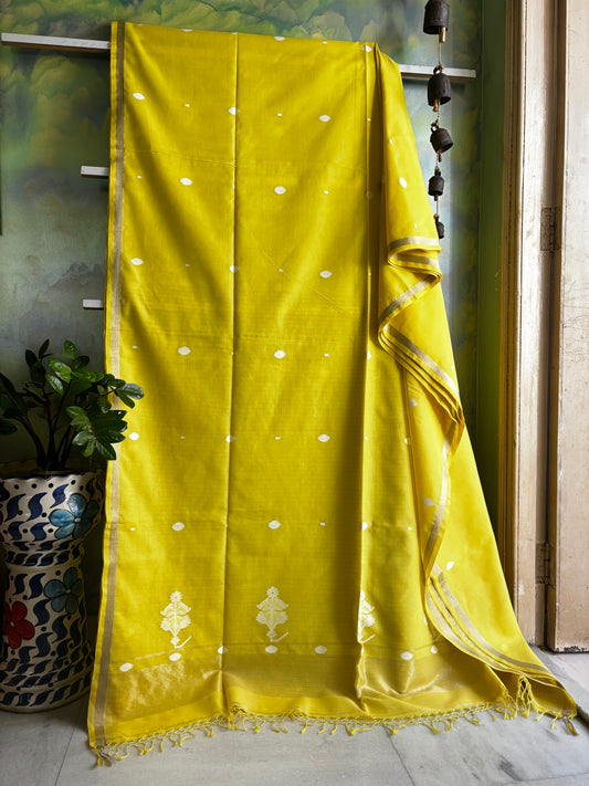 Handwoven Lemon Yellow Cotton Jamdani Saree