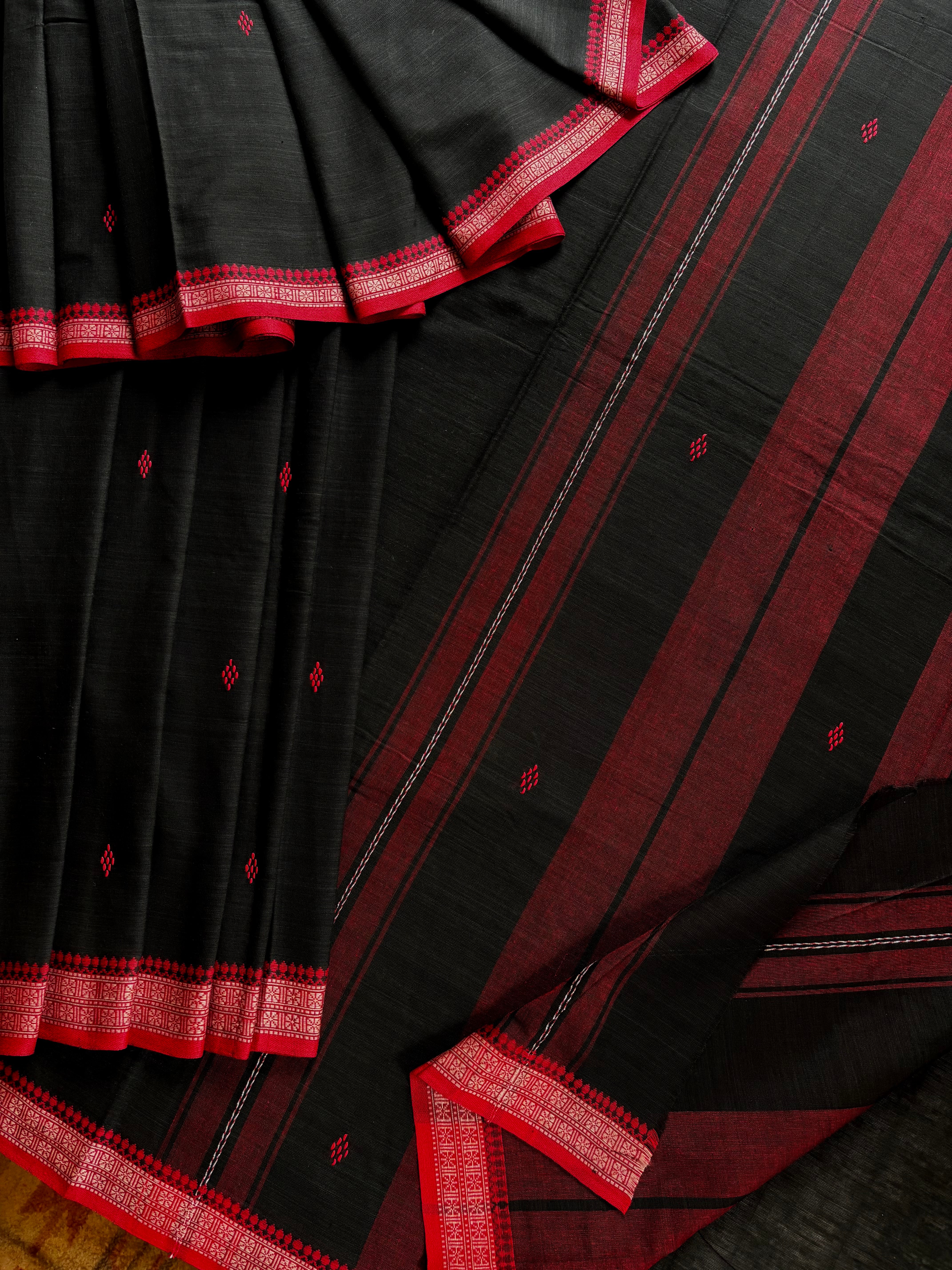 Handwoven Black Red Cotton Dhonekhali Saree