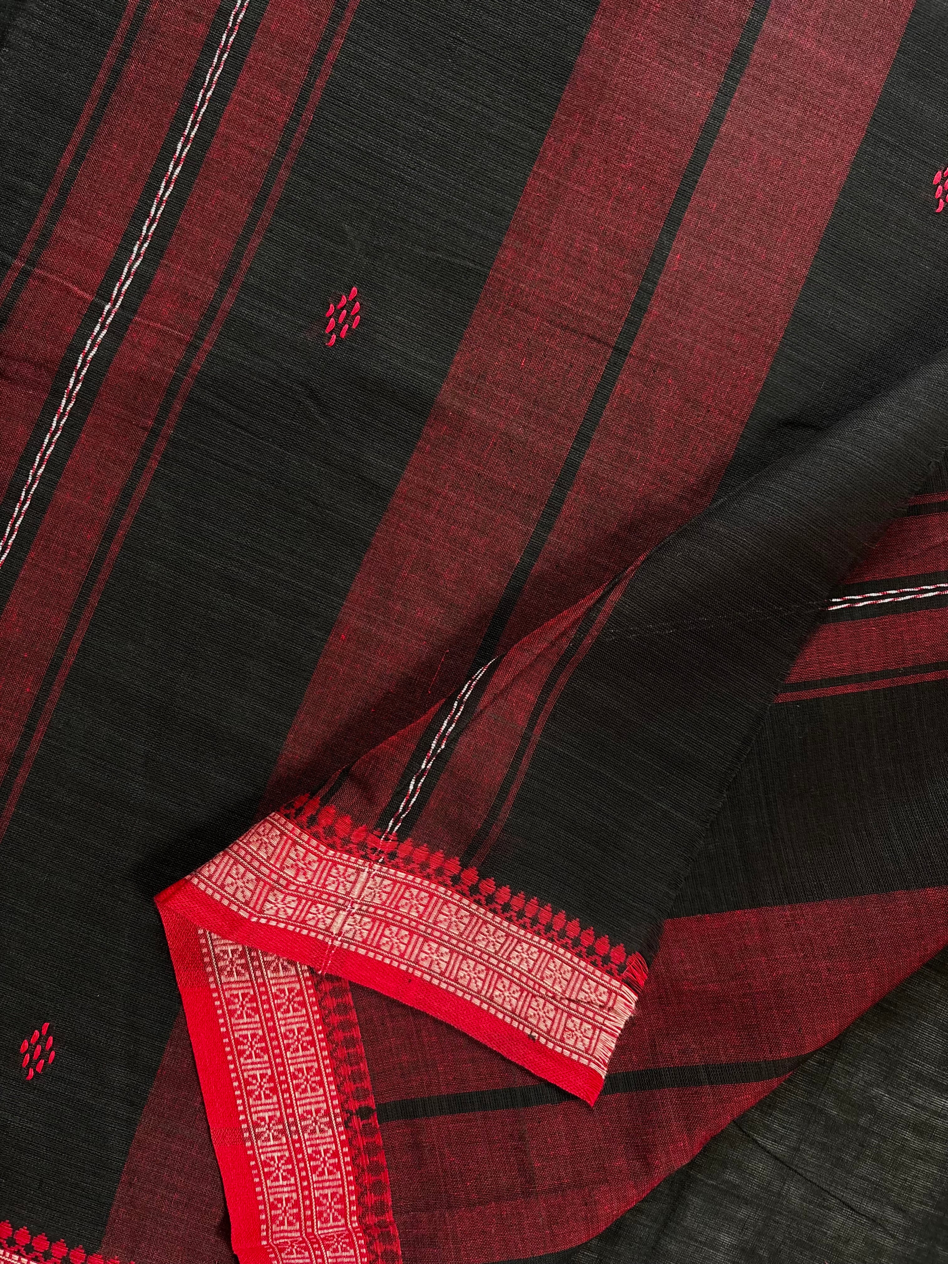 Handwoven Black Red Cotton Dhonekhali Saree