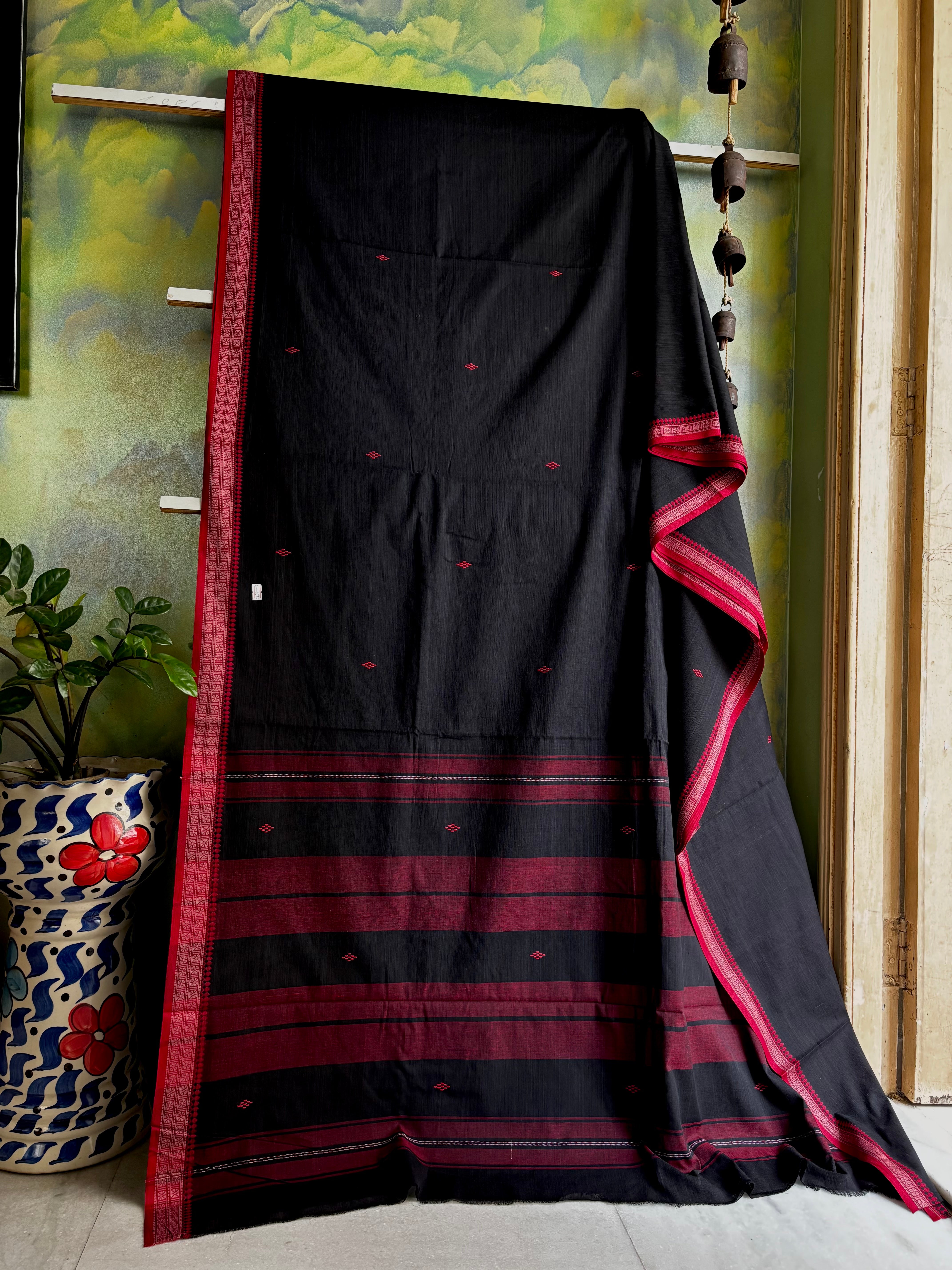 Handwoven Black Red Cotton Dhonekhali Saree