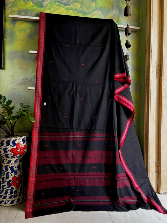 Handwoven Black Red Cotton Dhonekhali Saree