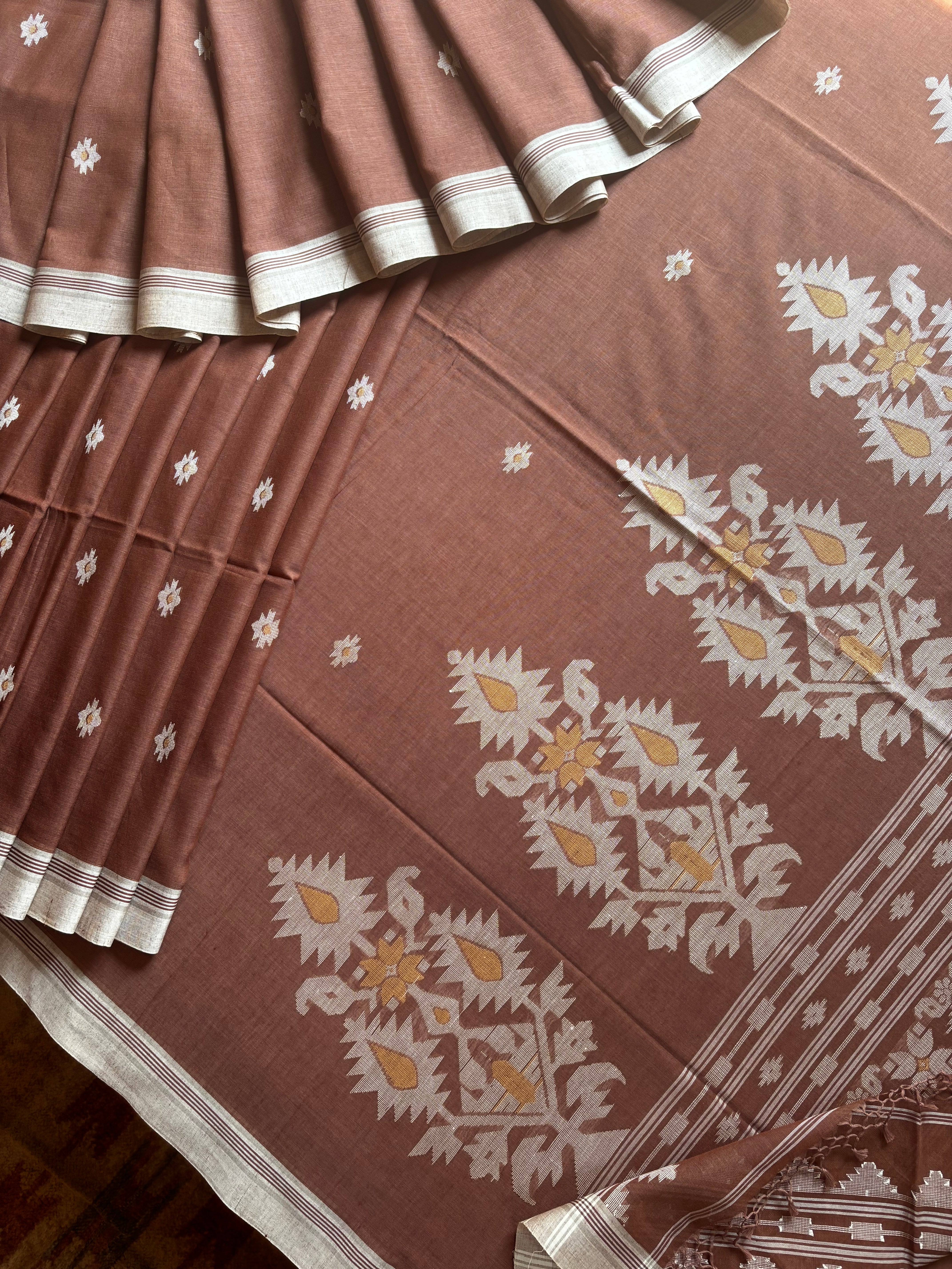 Handwoven Light Brown Cotton Jamdani Saree