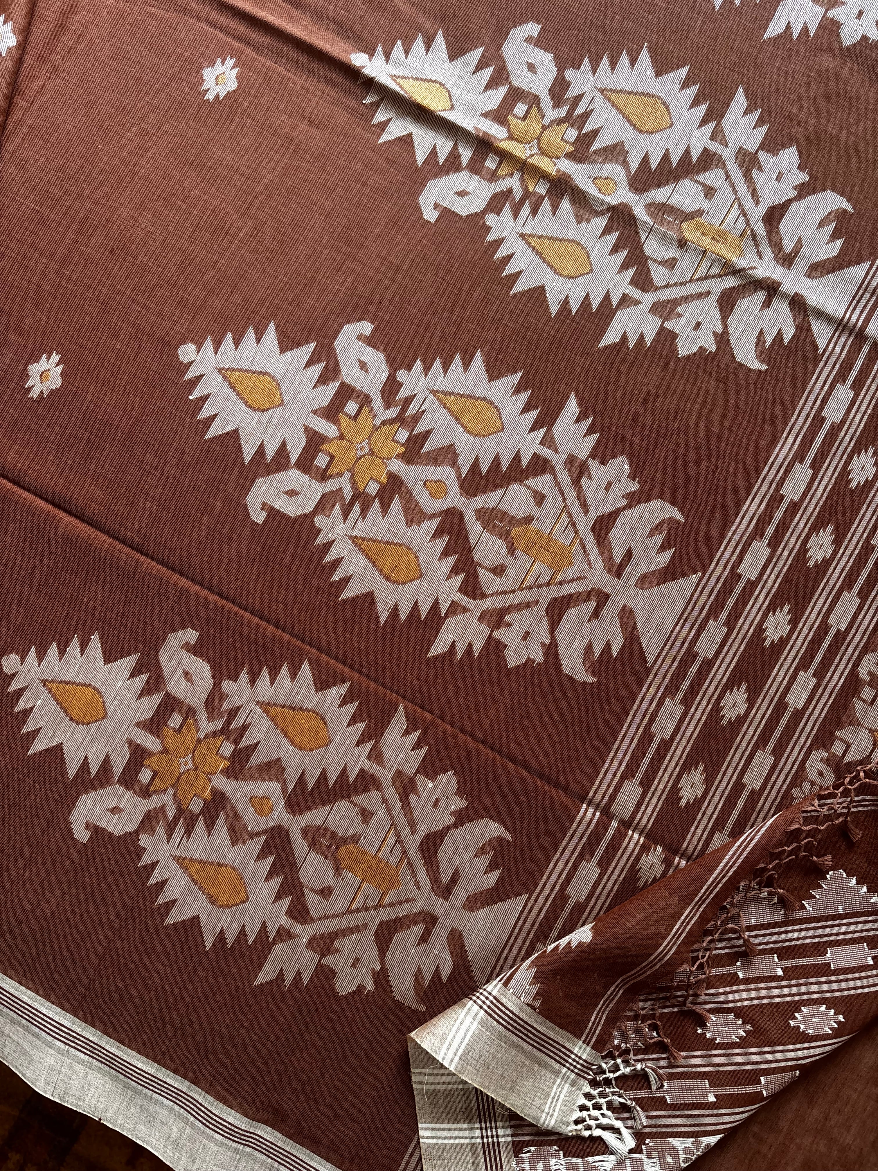 Handwoven Light Brown Cotton Jamdani Saree