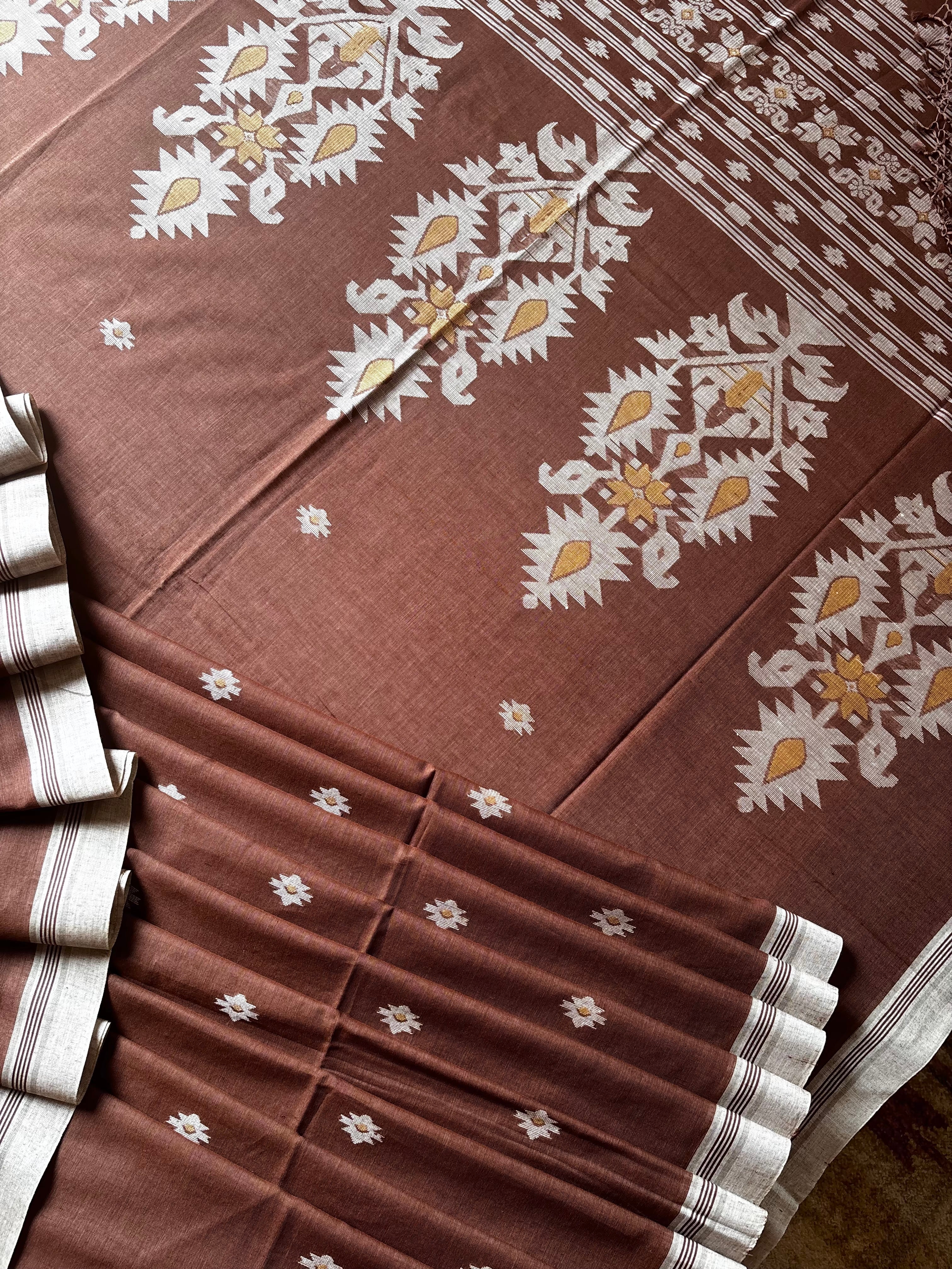 Handwoven Light Brown Cotton Jamdani Saree