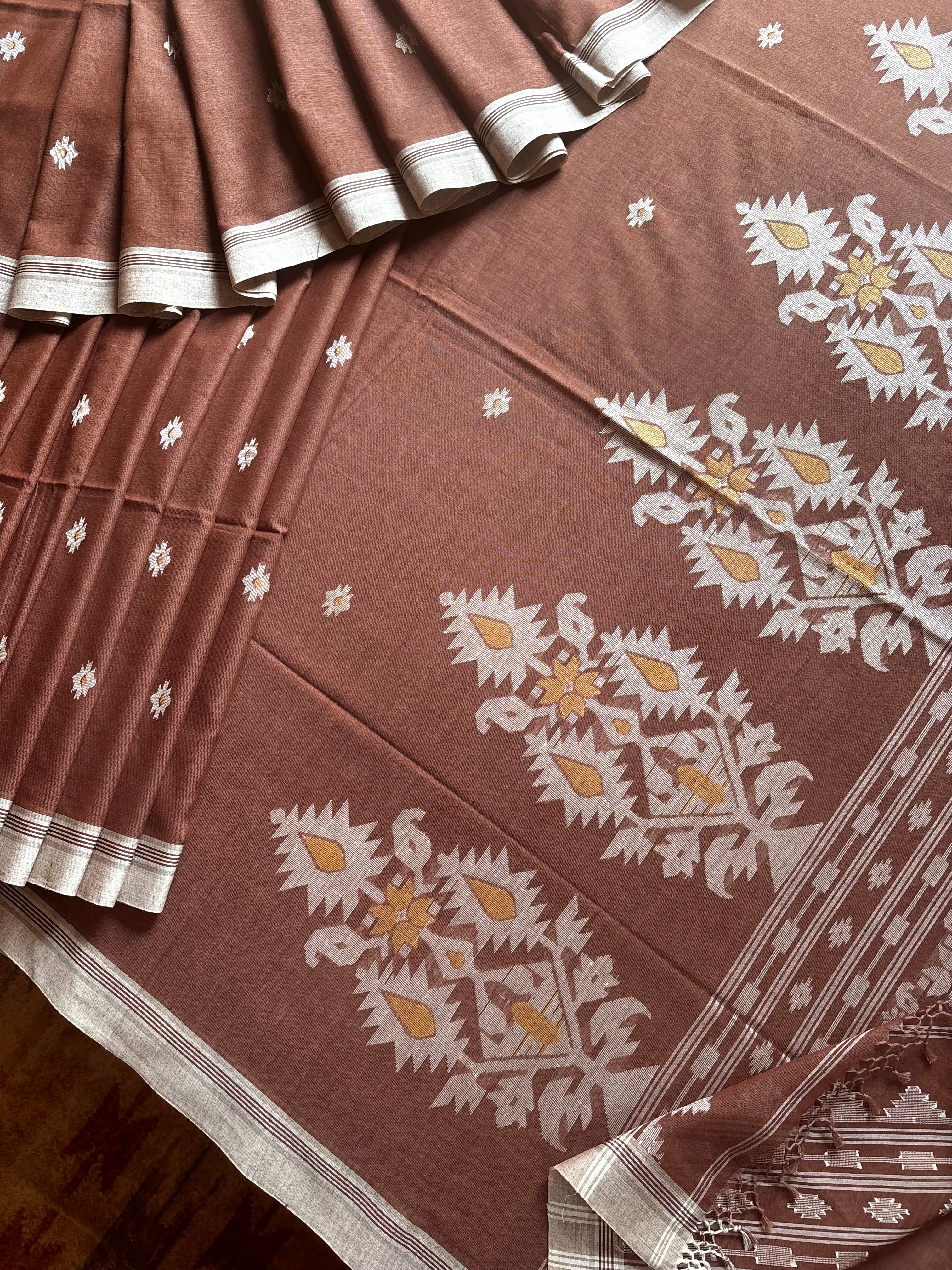 Handwoven Light Brown Cotton Jamdani Saree
