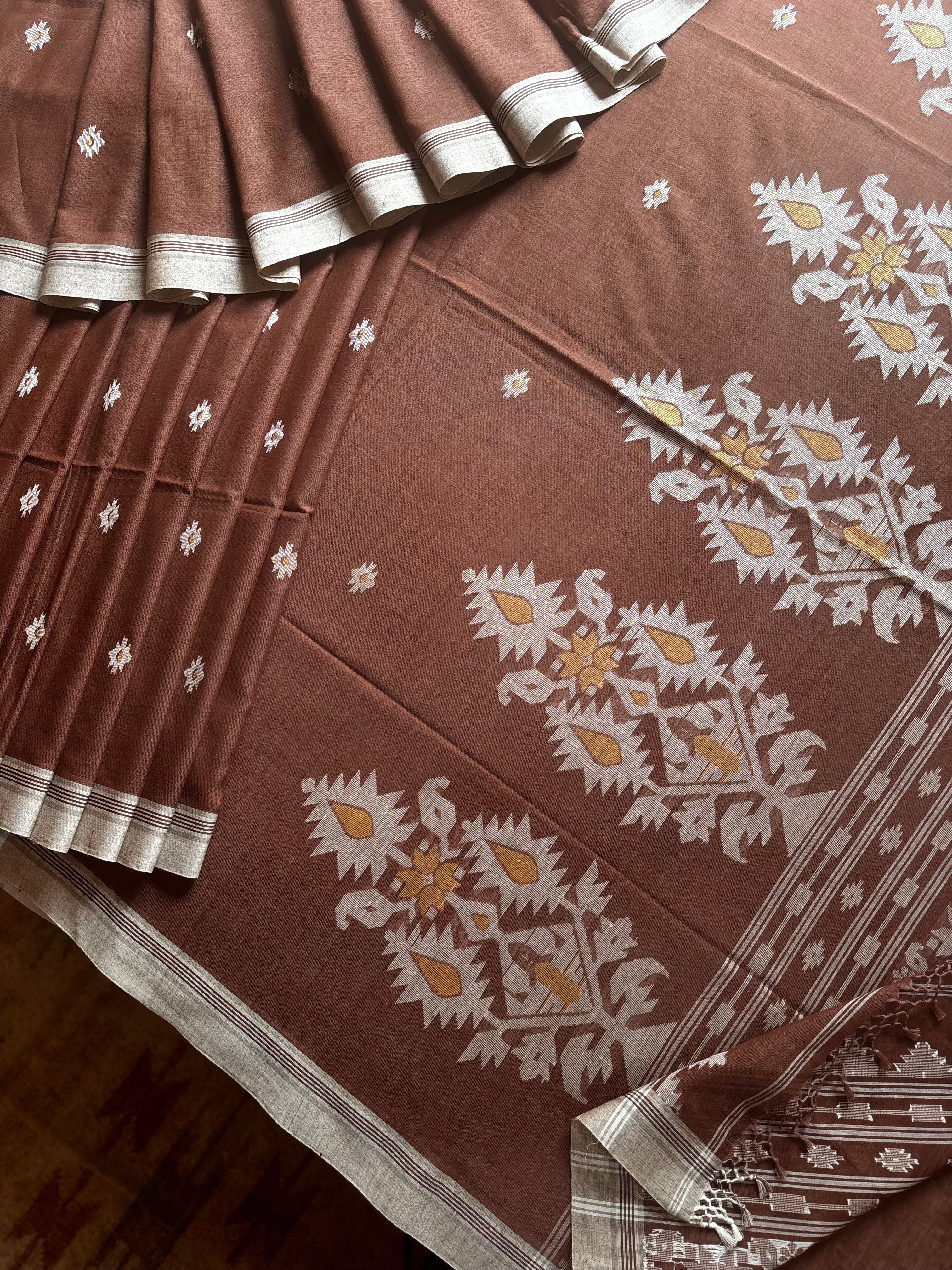 Handwoven Light Brown Cotton Jamdani Saree