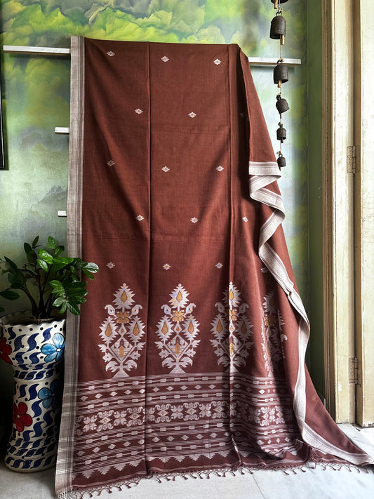 Handwoven Light Brown Cotton Jamdani Saree