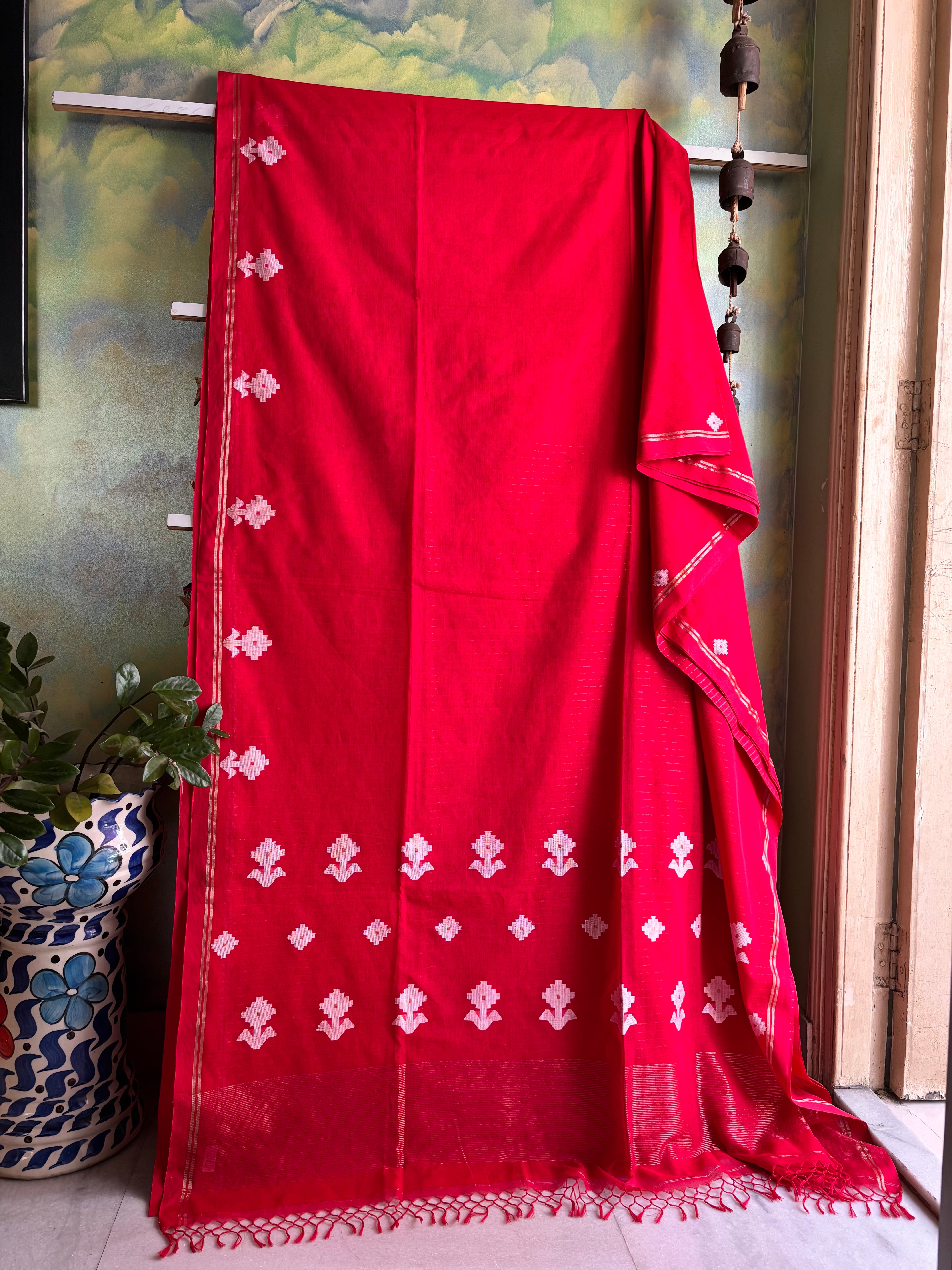 Handwoven Red Cotton Jamdani Saree