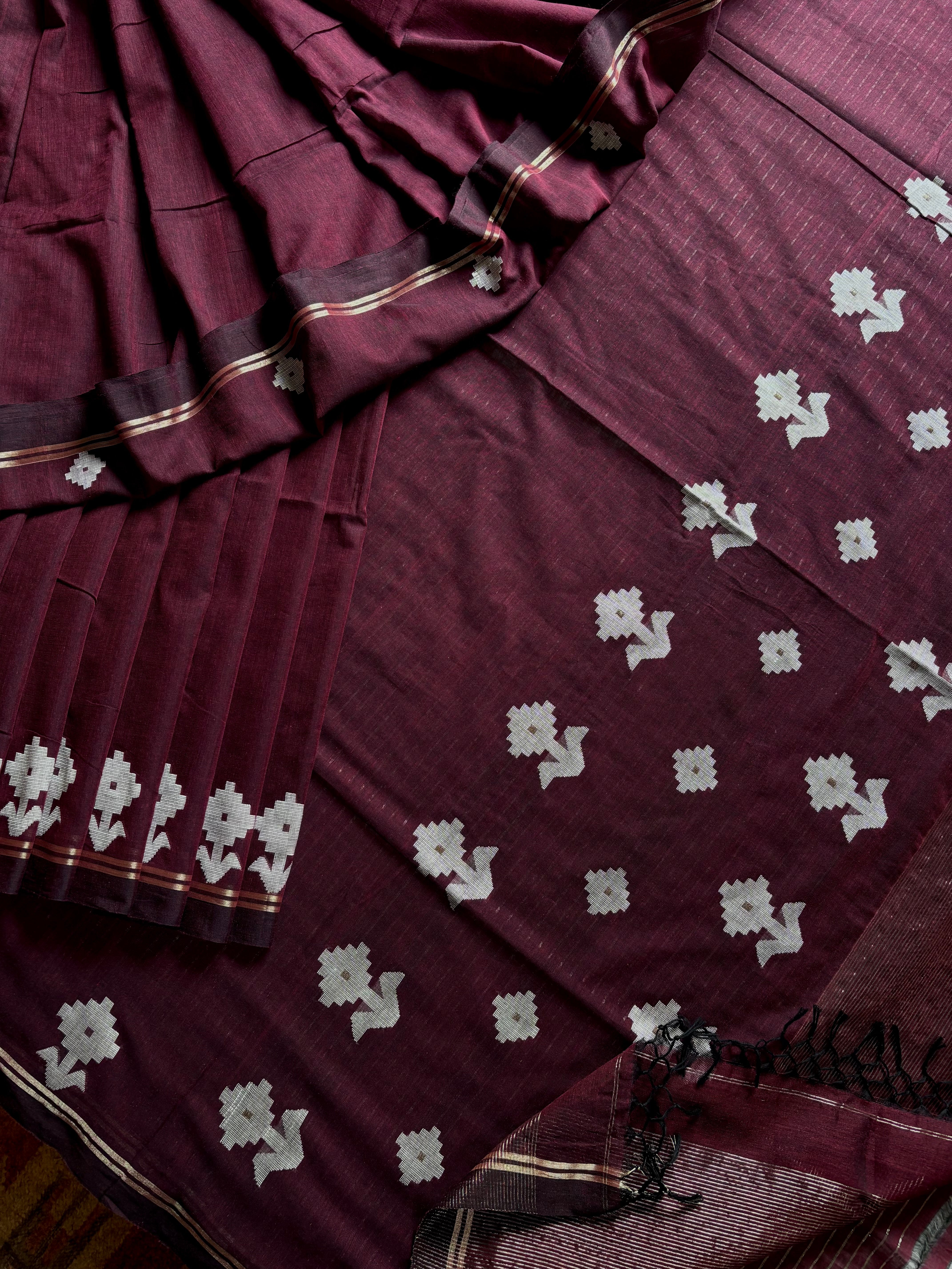 Handwoven Dark Wine Cotton Jamdani Saree