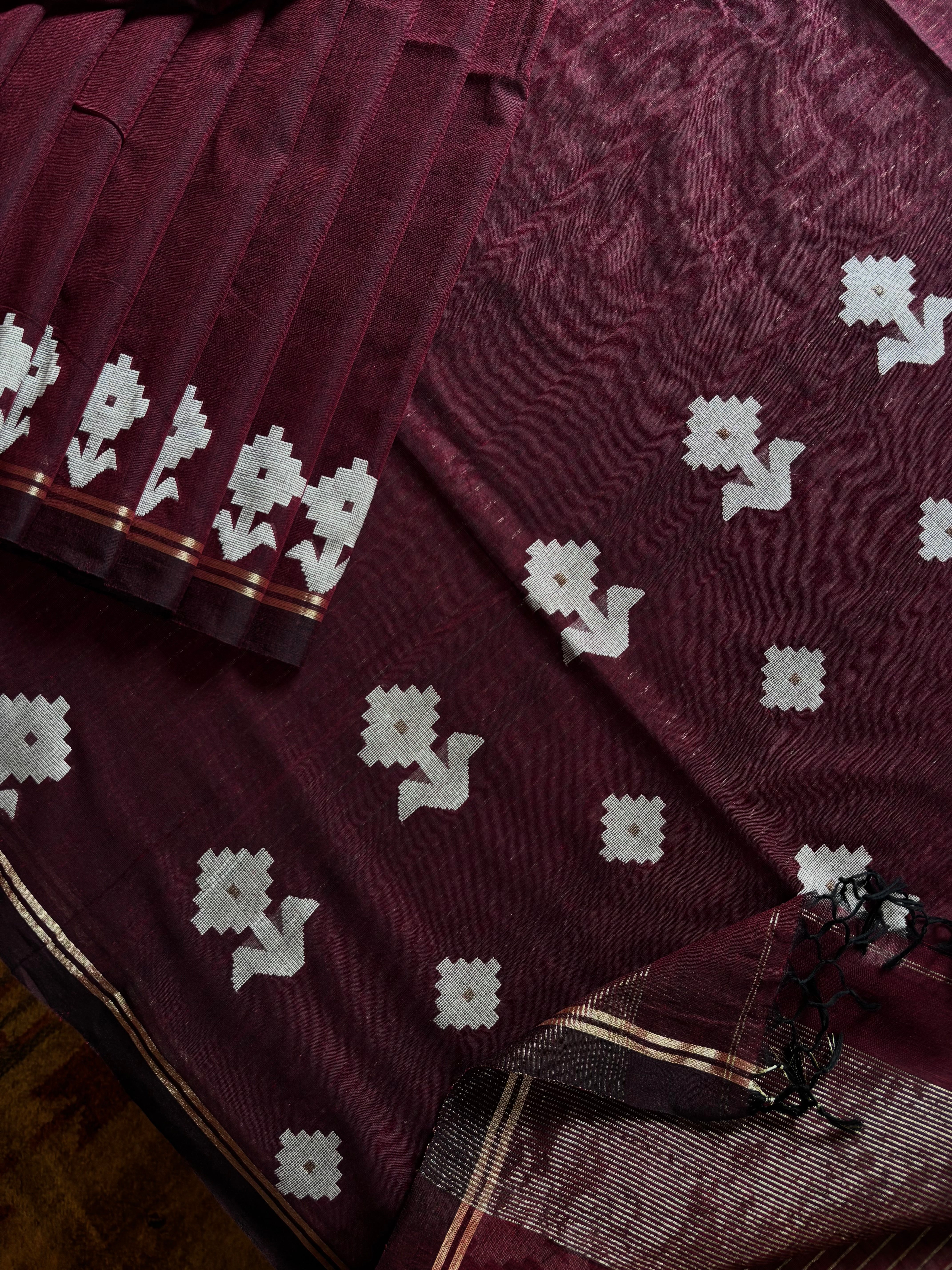 Handwoven Dark Wine Cotton Jamdani Saree