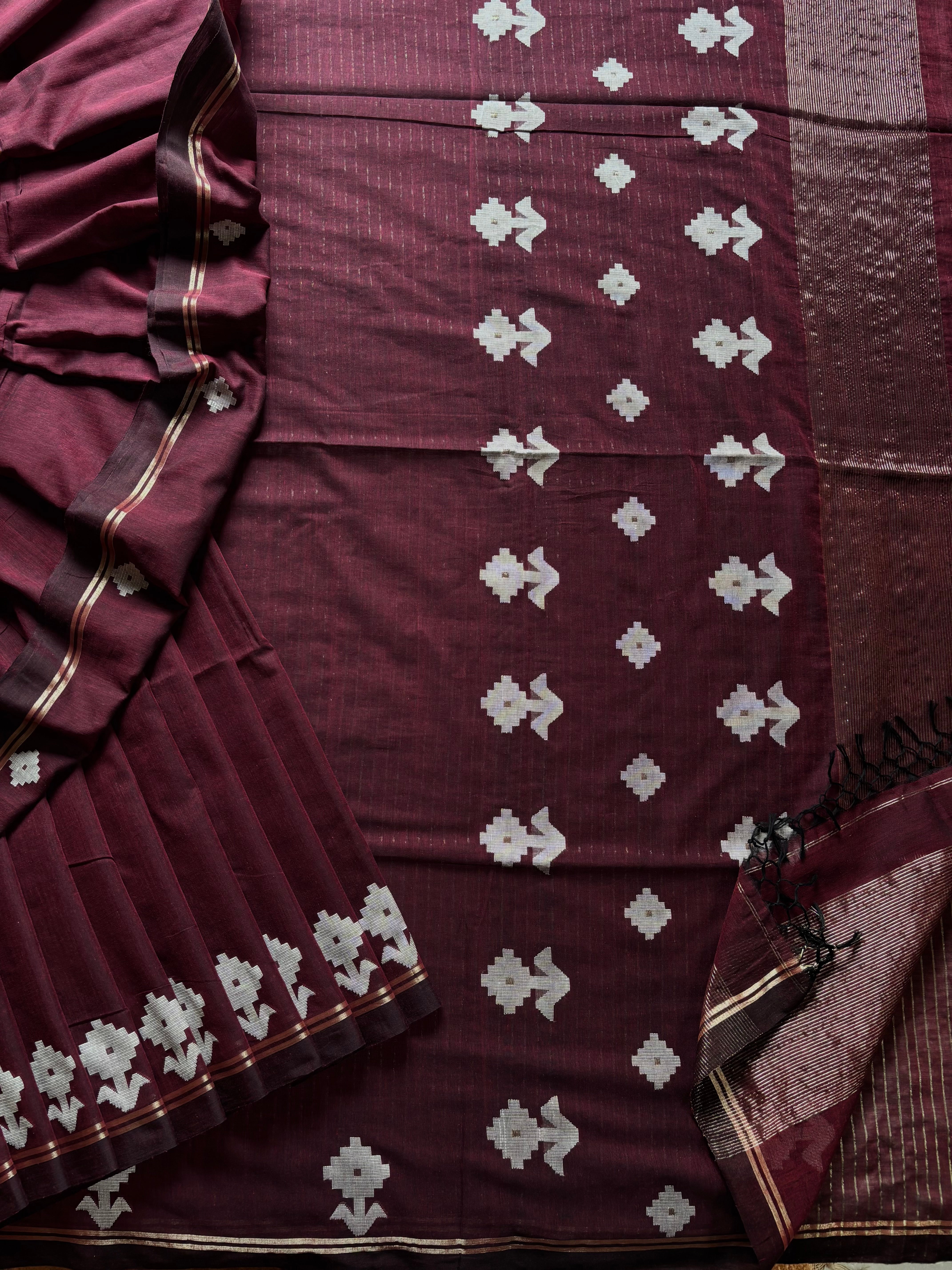 Handwoven Dark Wine Cotton Jamdani Saree