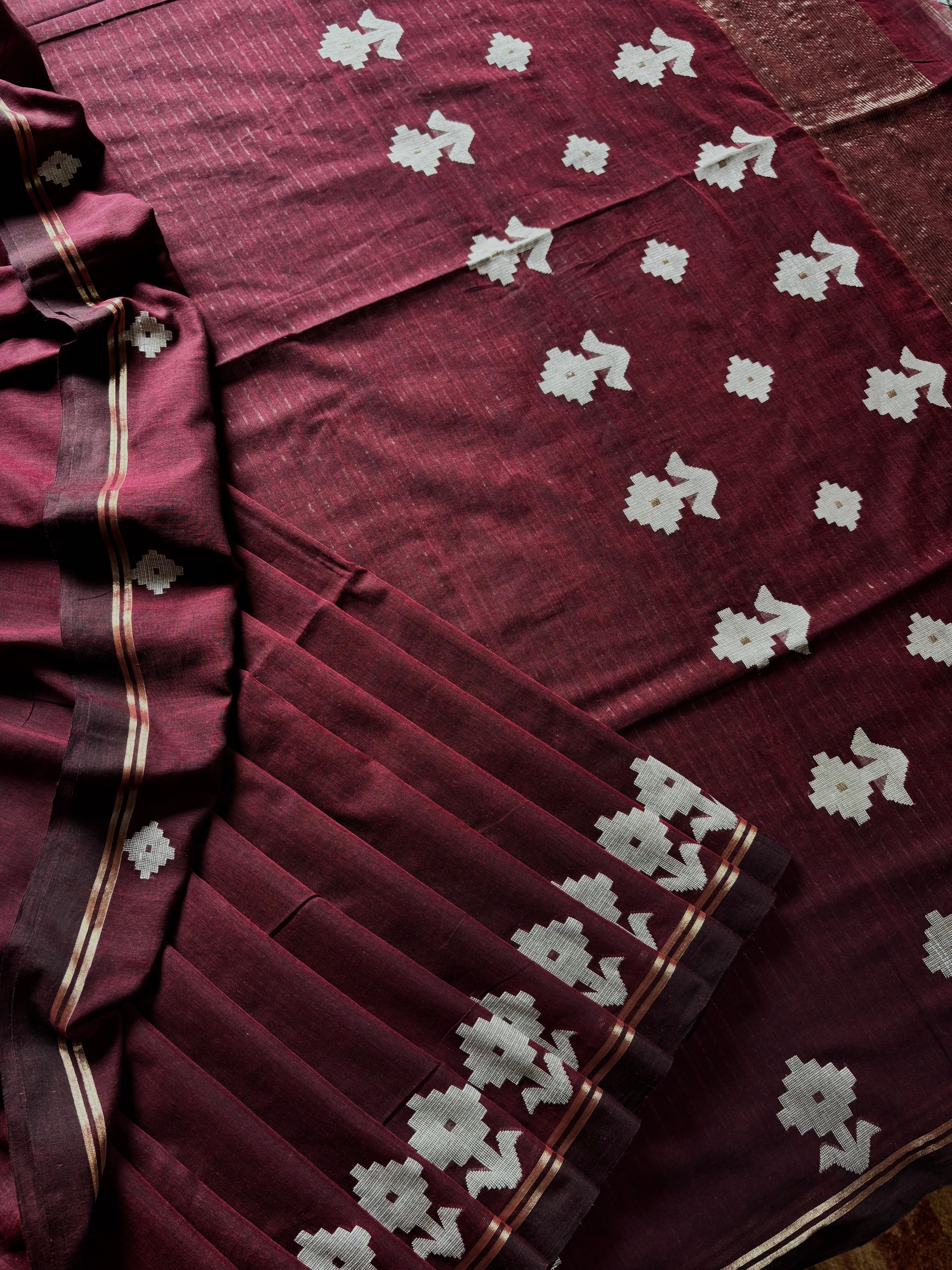 Handwoven Dark Wine Cotton Jamdani Saree
