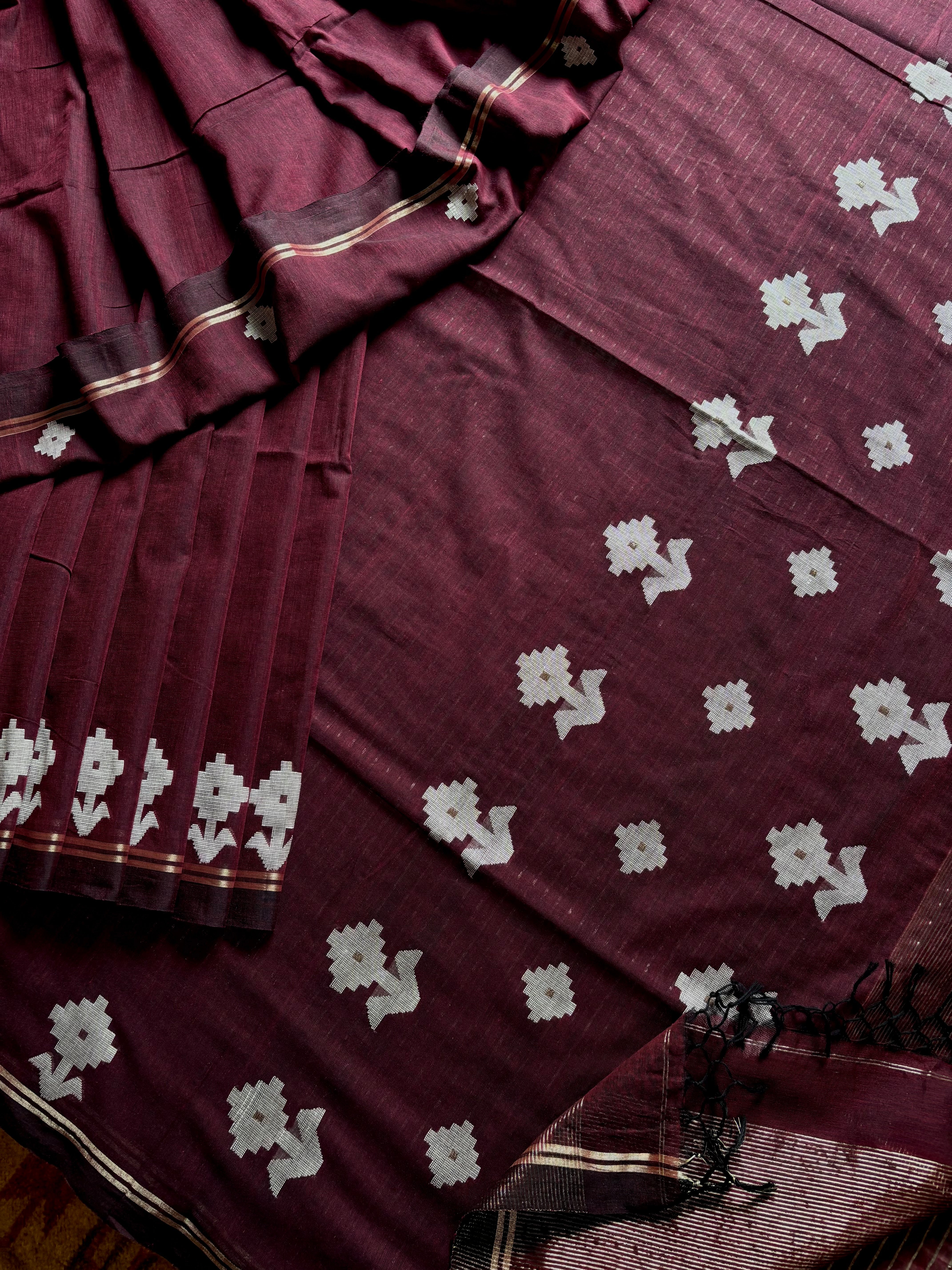 Handwoven Dark Wine Cotton Jamdani Saree