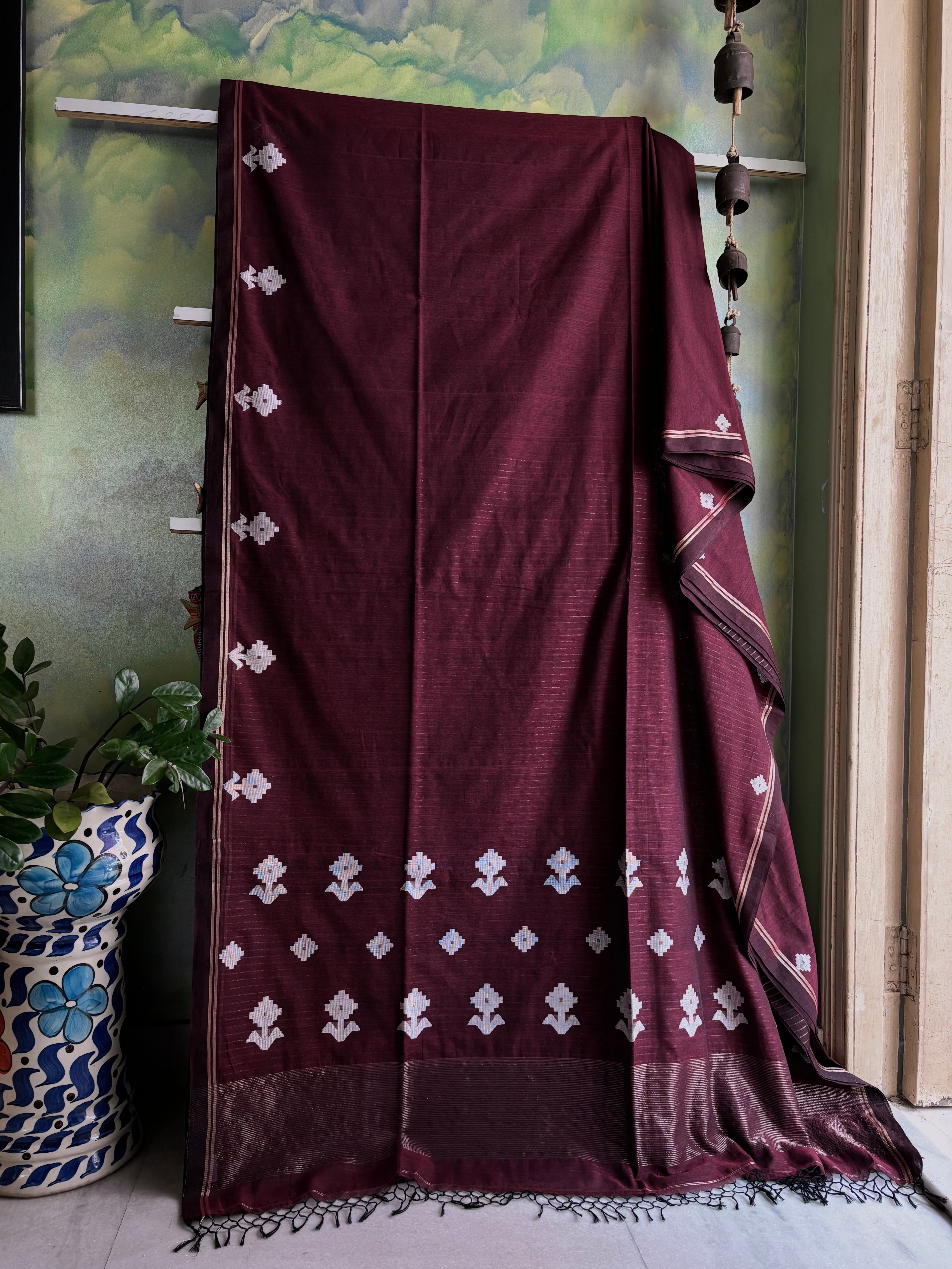 Handwoven Dark Wine Cotton Jamdani Saree