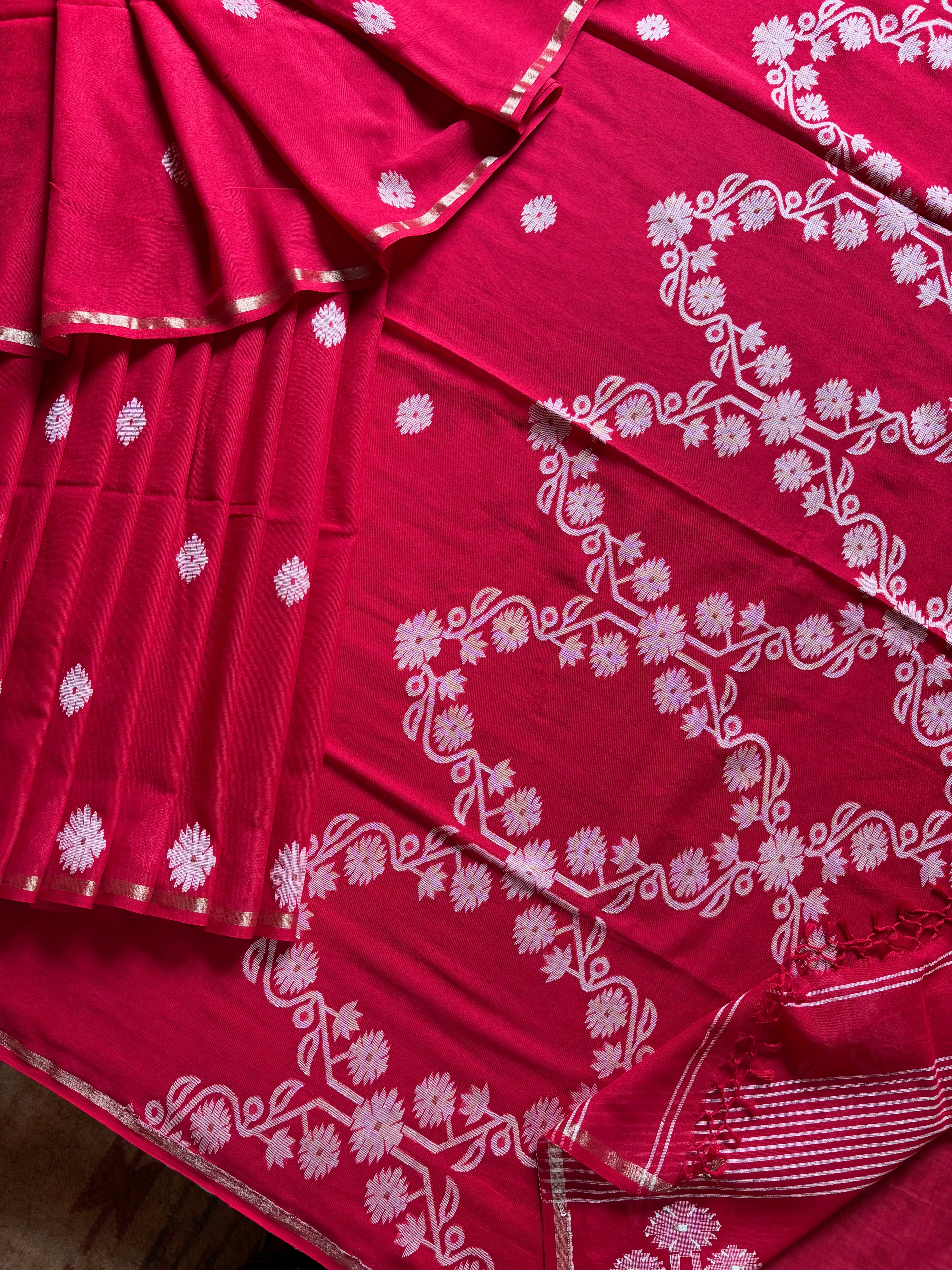 Pure Cotton Red Jamdani Saree