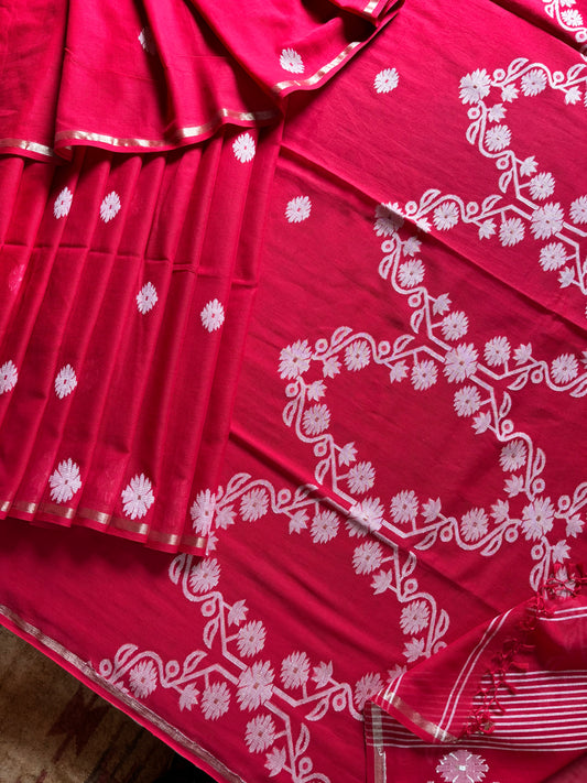 Pure Cotton Red Jamdani Saree