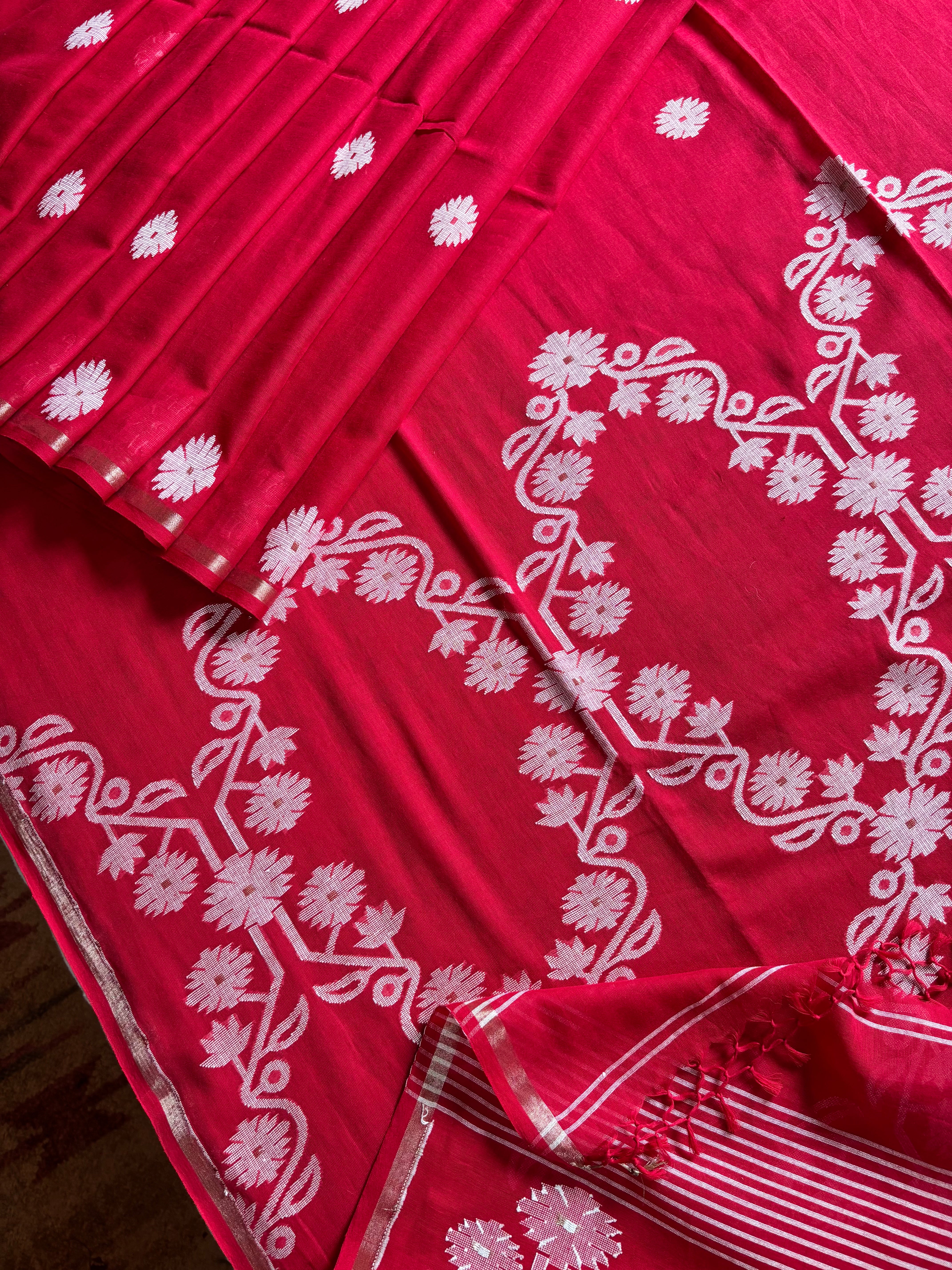 Pure Cotton Red Jamdani Saree