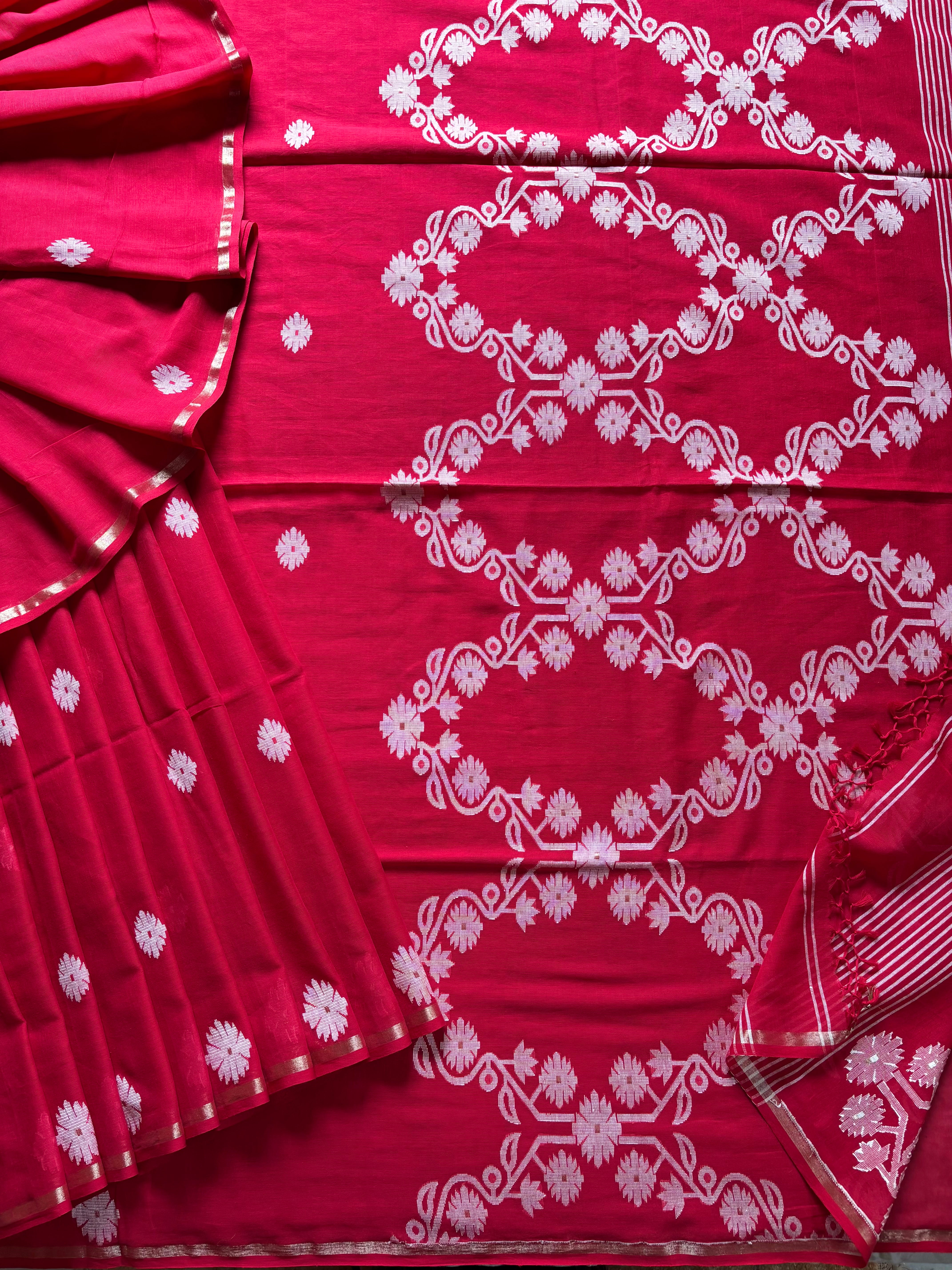 Pure Cotton Red Jamdani Saree