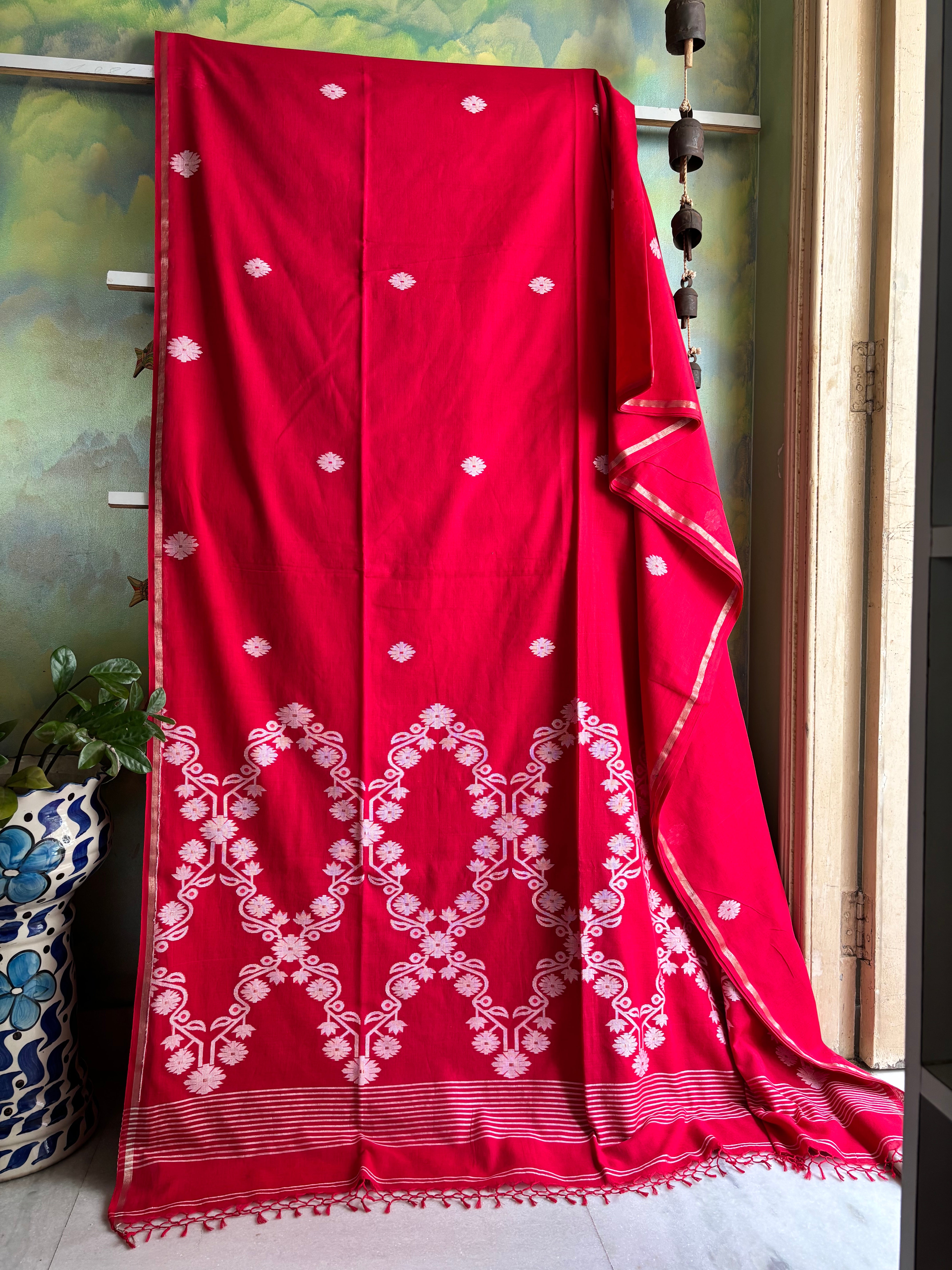 Pure Cotton Red Jamdani Saree