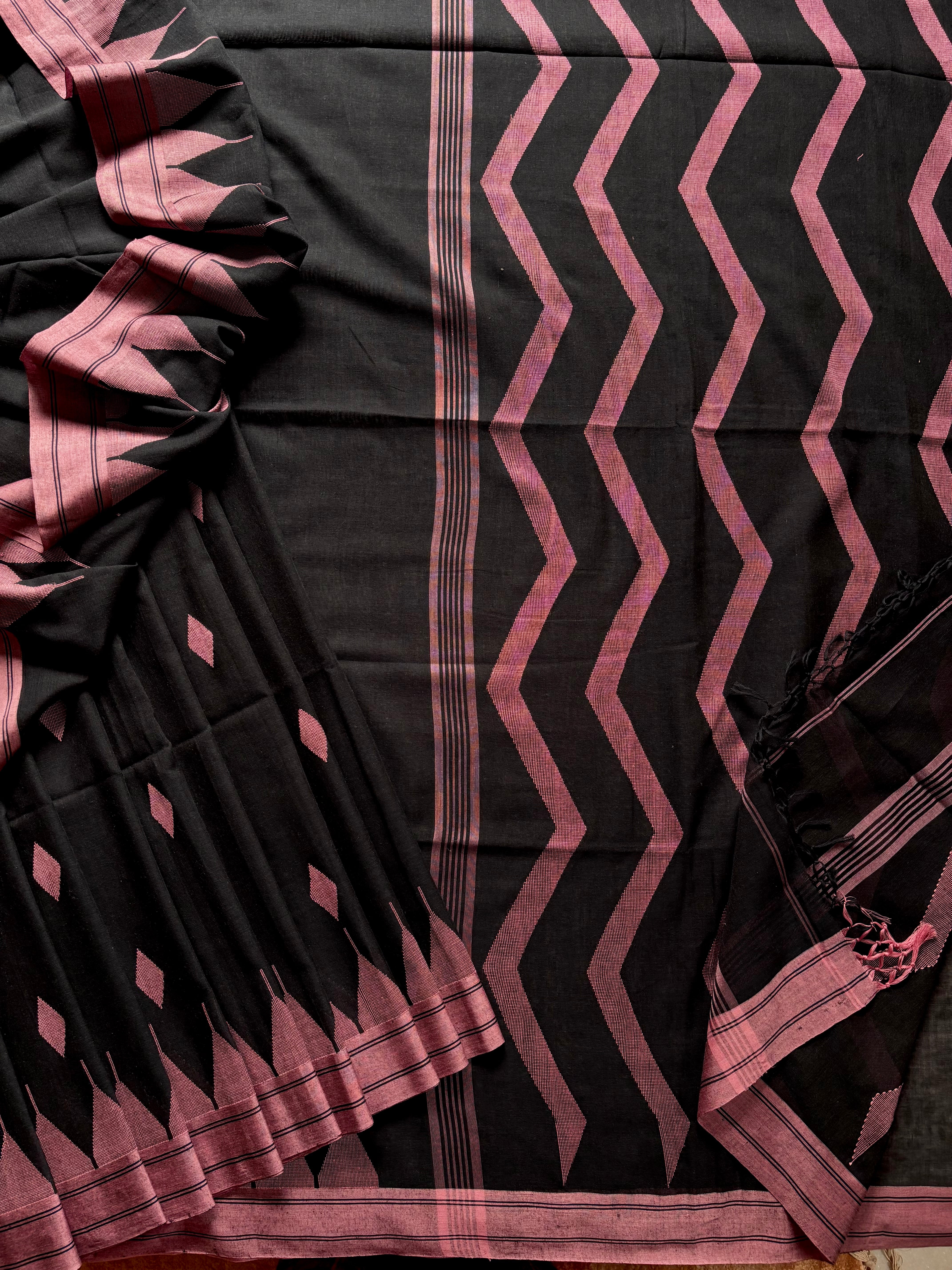 Handwoven Black with Dusty Pink Cotton Jamdani