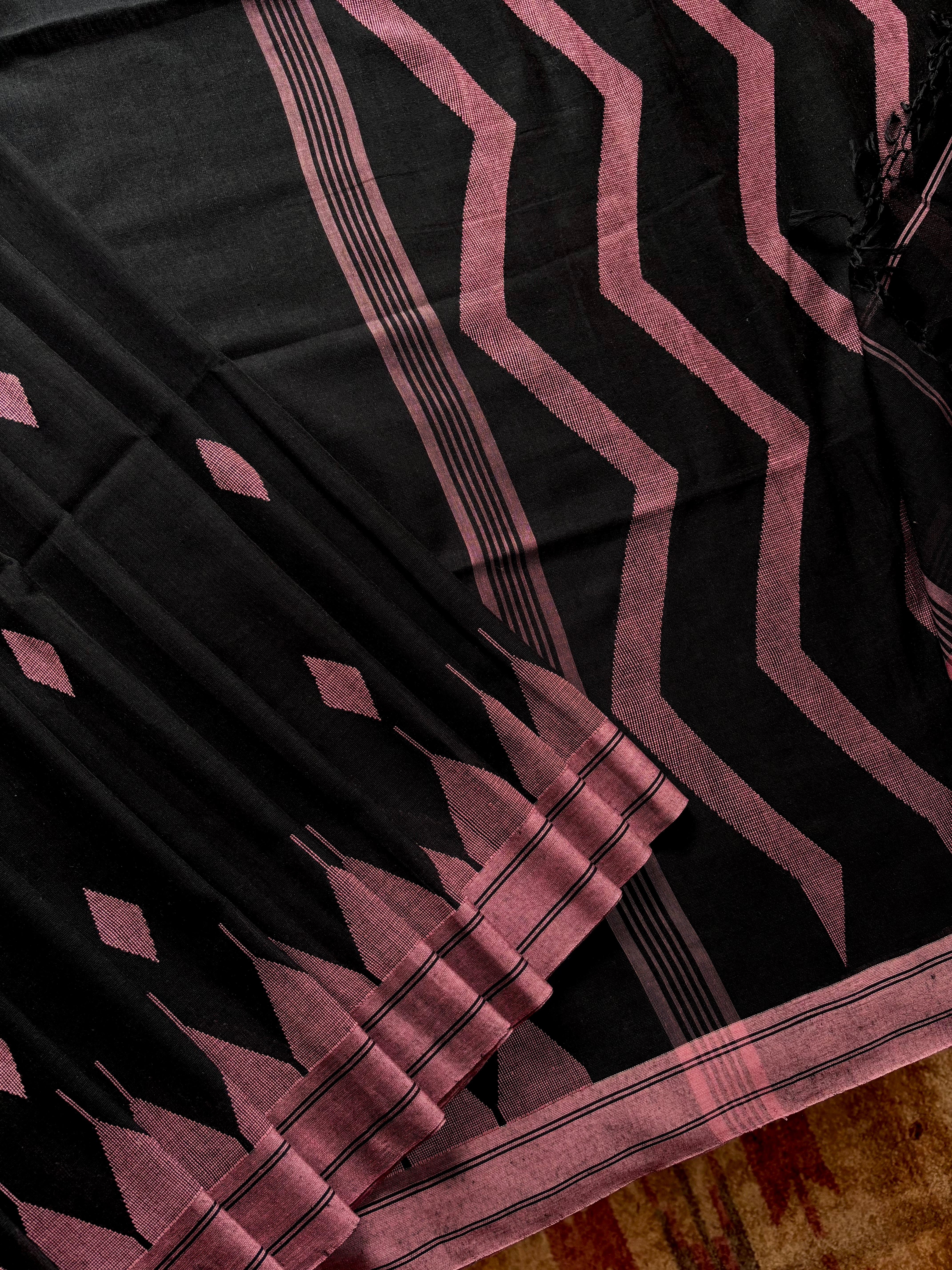 Handwoven Black with Dusty Pink Cotton Jamdani