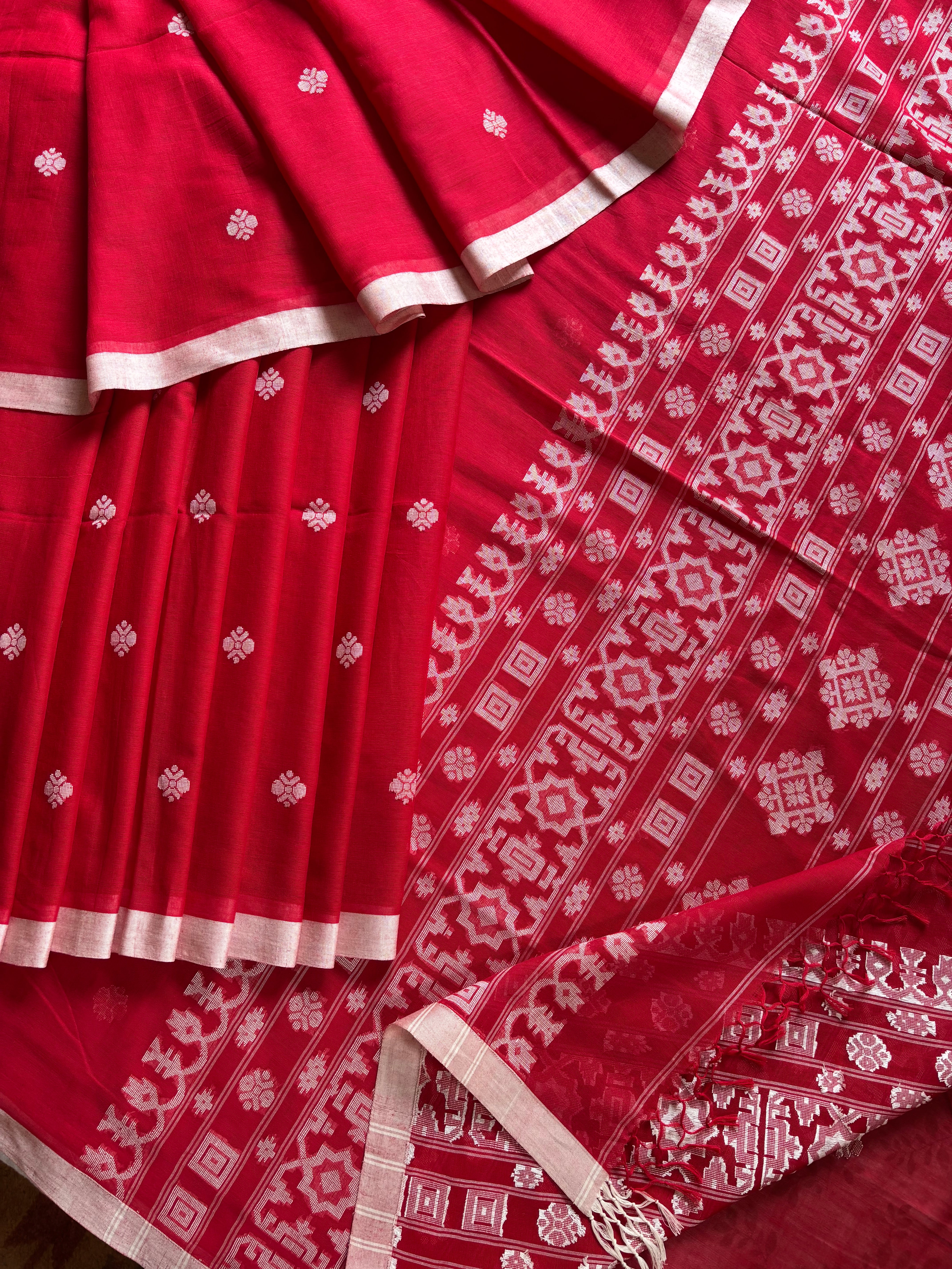 Pure Cotton Red White Cotton Jamdani