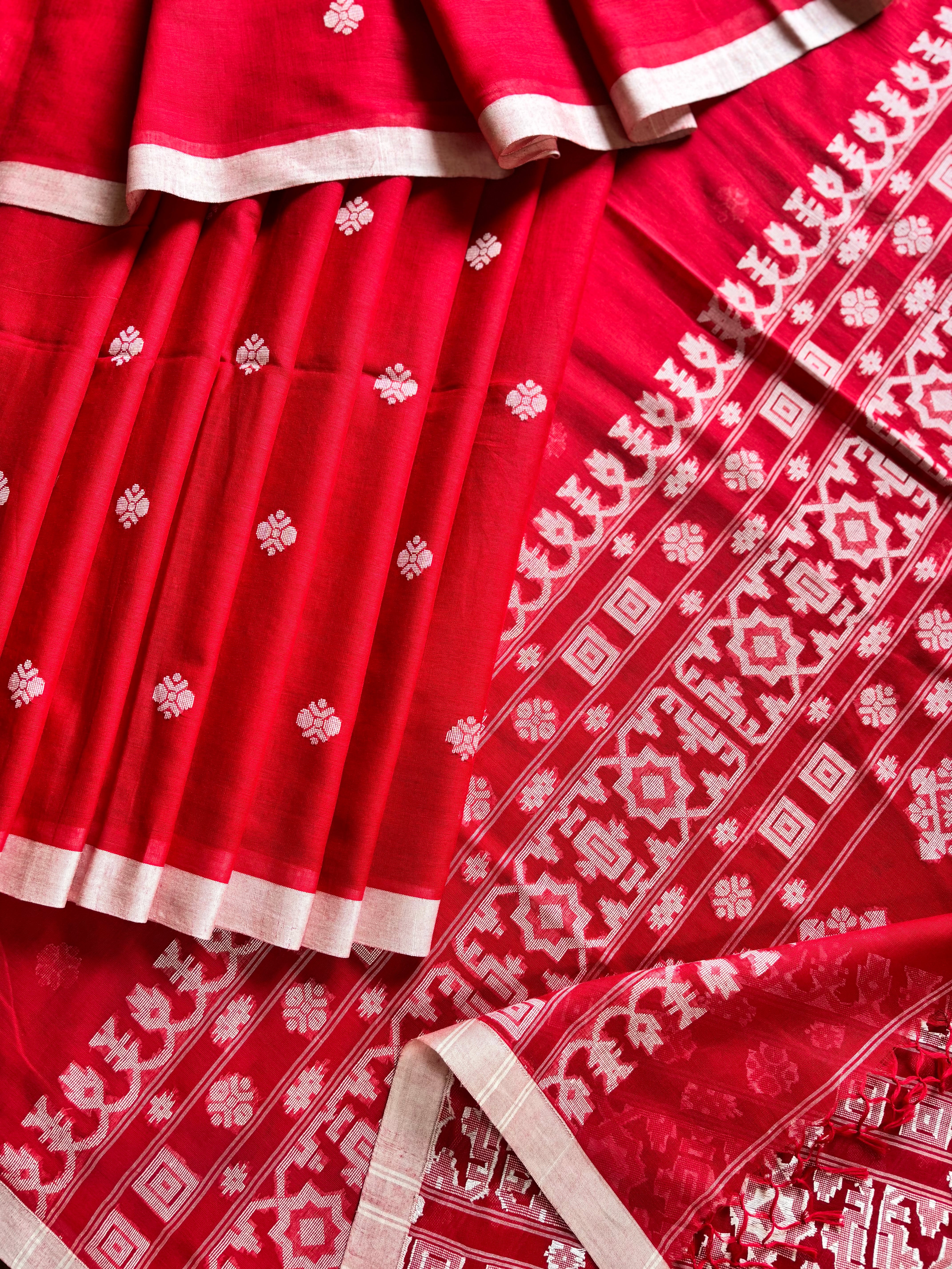 Pure Cotton Red White Cotton Jamdani