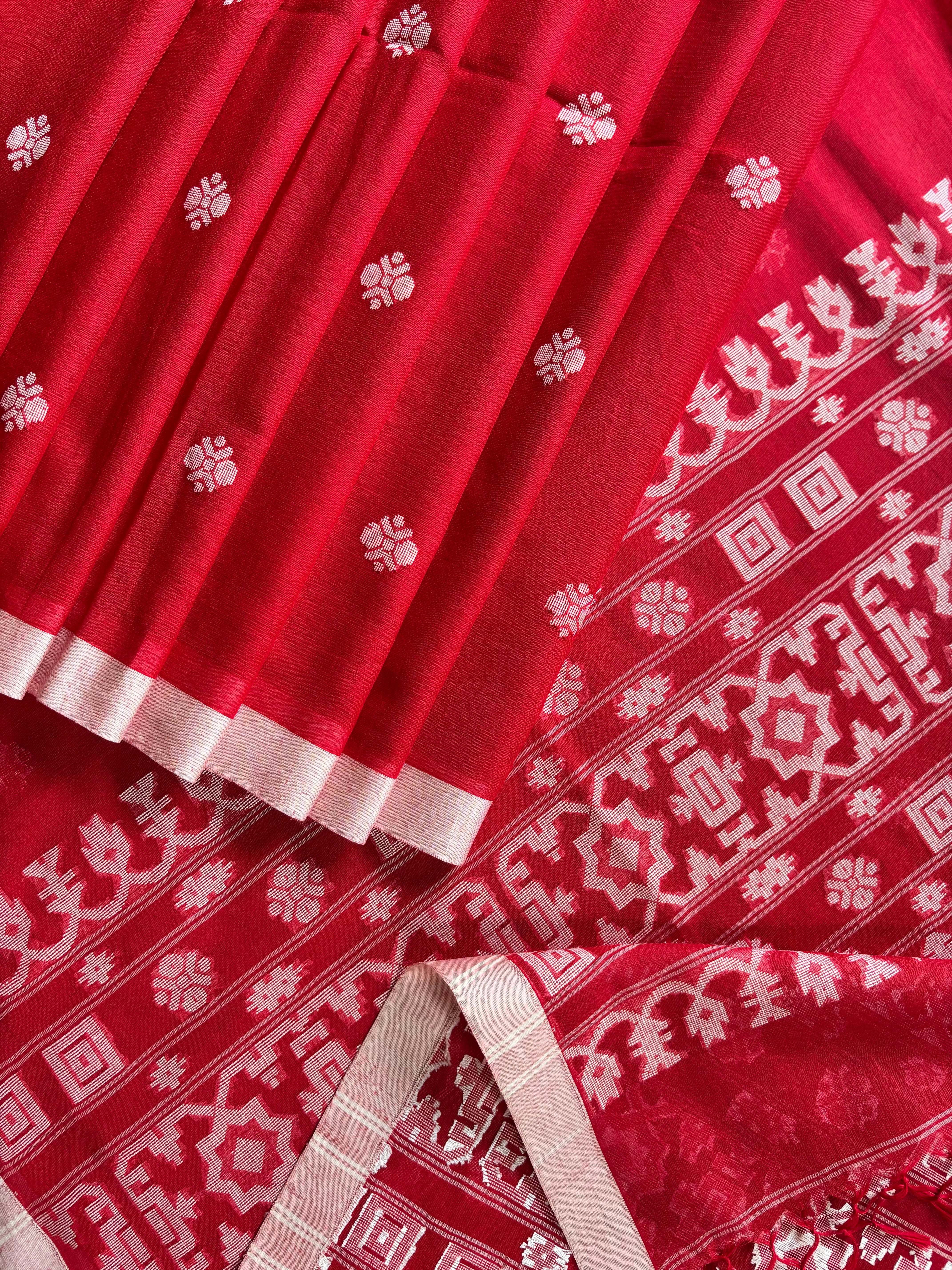 Pure Cotton Red White Cotton Jamdani