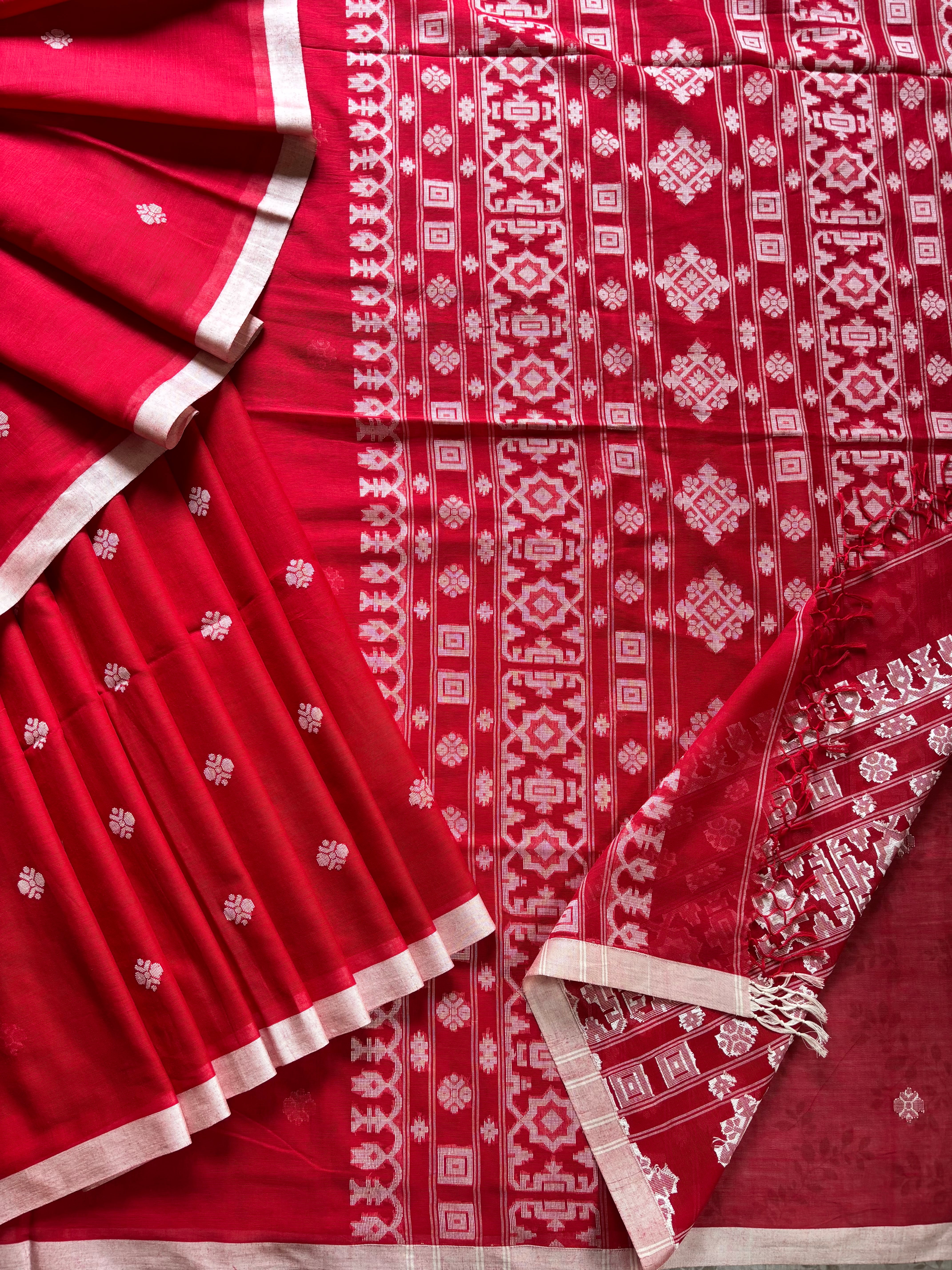 Pure Cotton Red White Cotton Jamdani