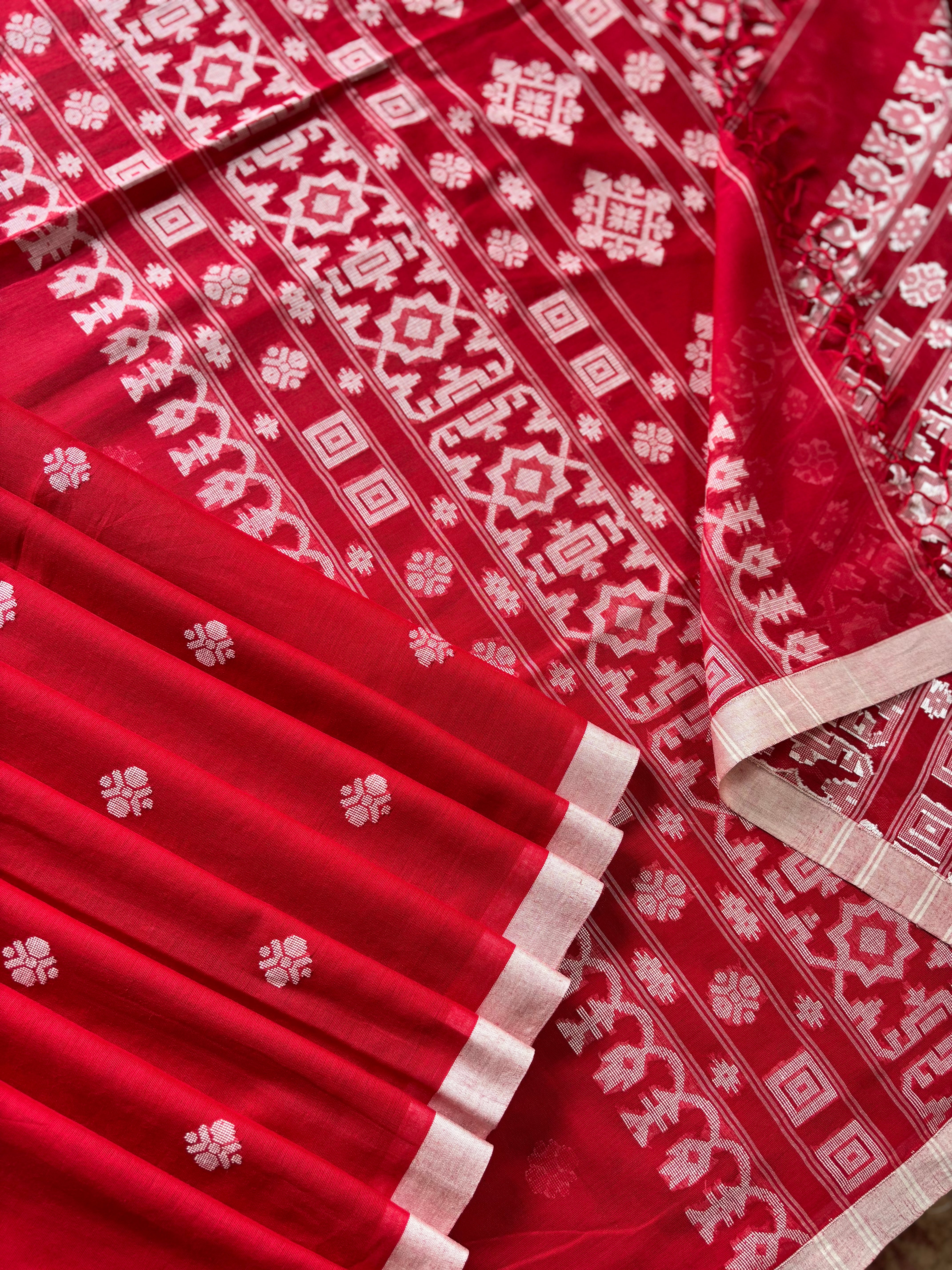 Pure Cotton Red White Cotton Jamdani