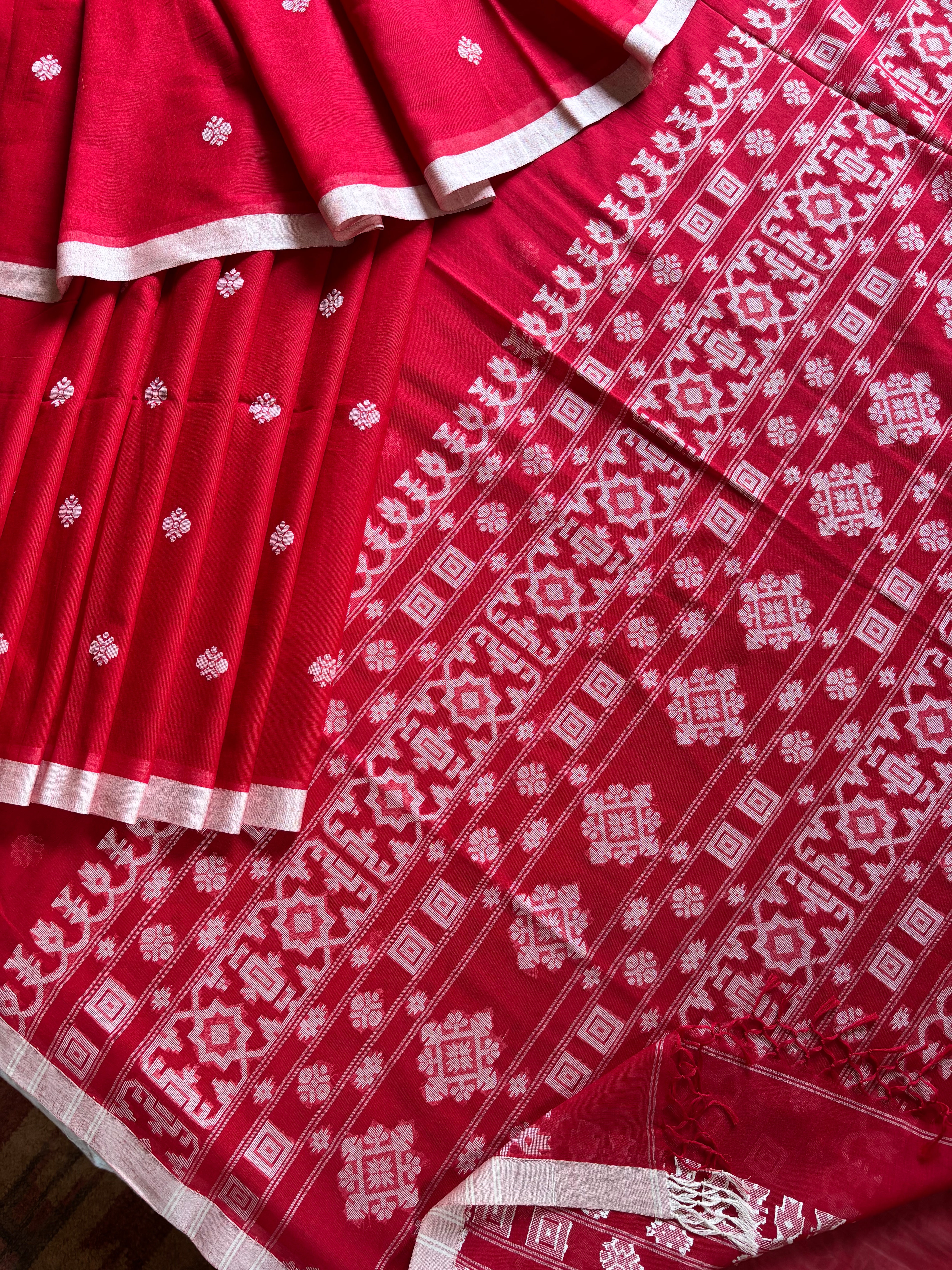 Pure Cotton Red White Cotton Jamdani