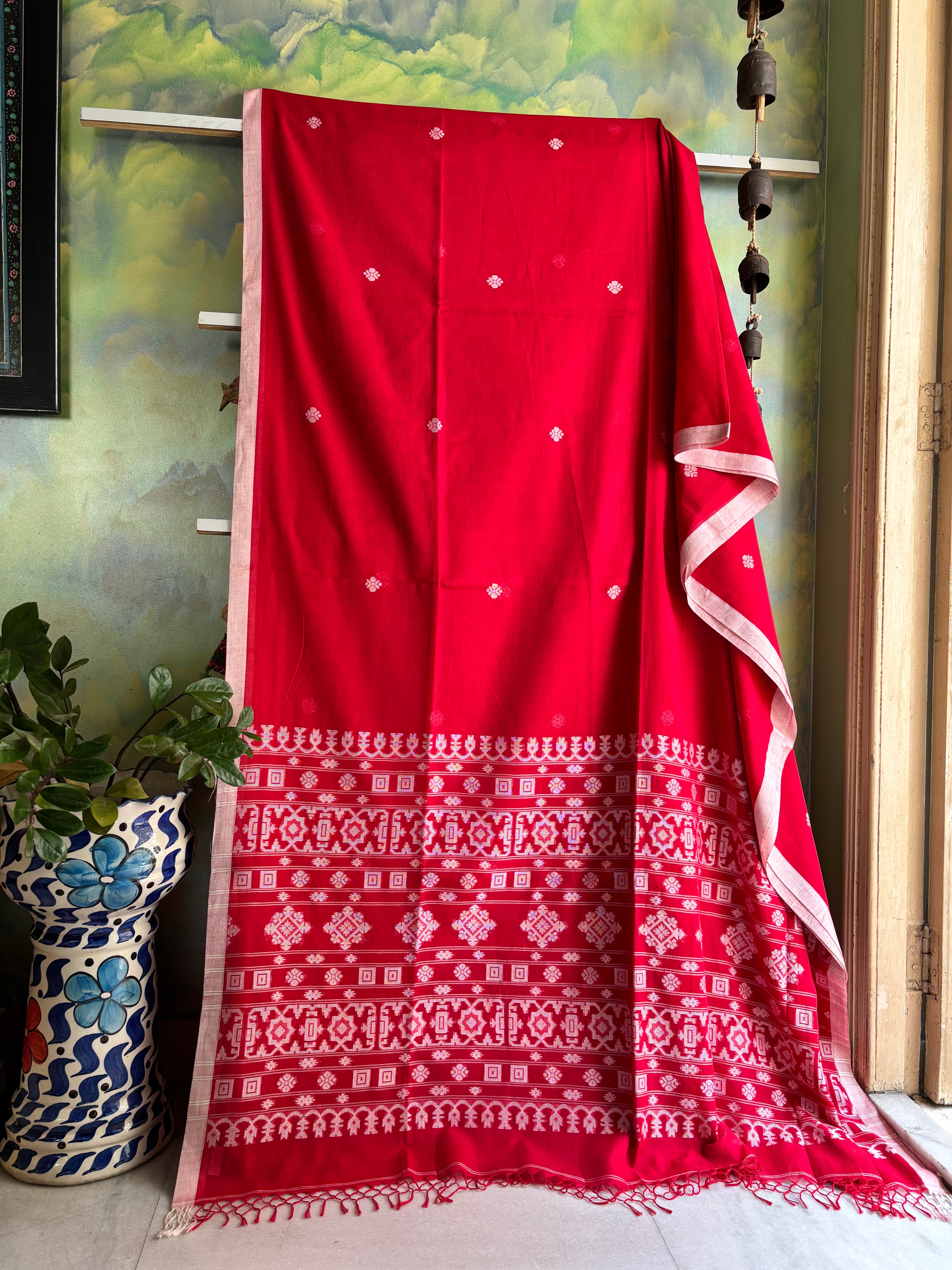 Pure Cotton Red White Cotton Jamdani