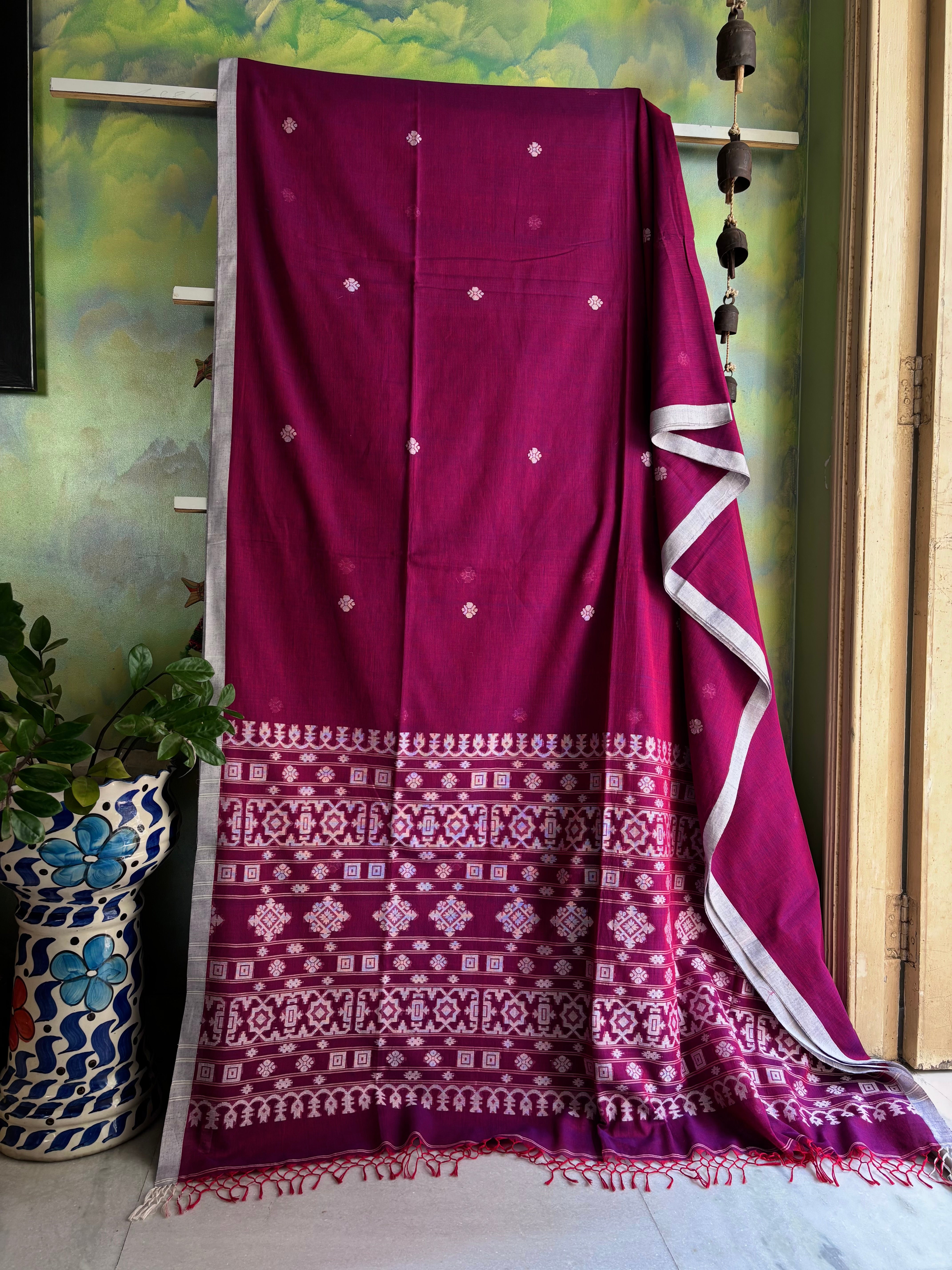 Pure Cotton Red Blue Dual Toned Jamdani