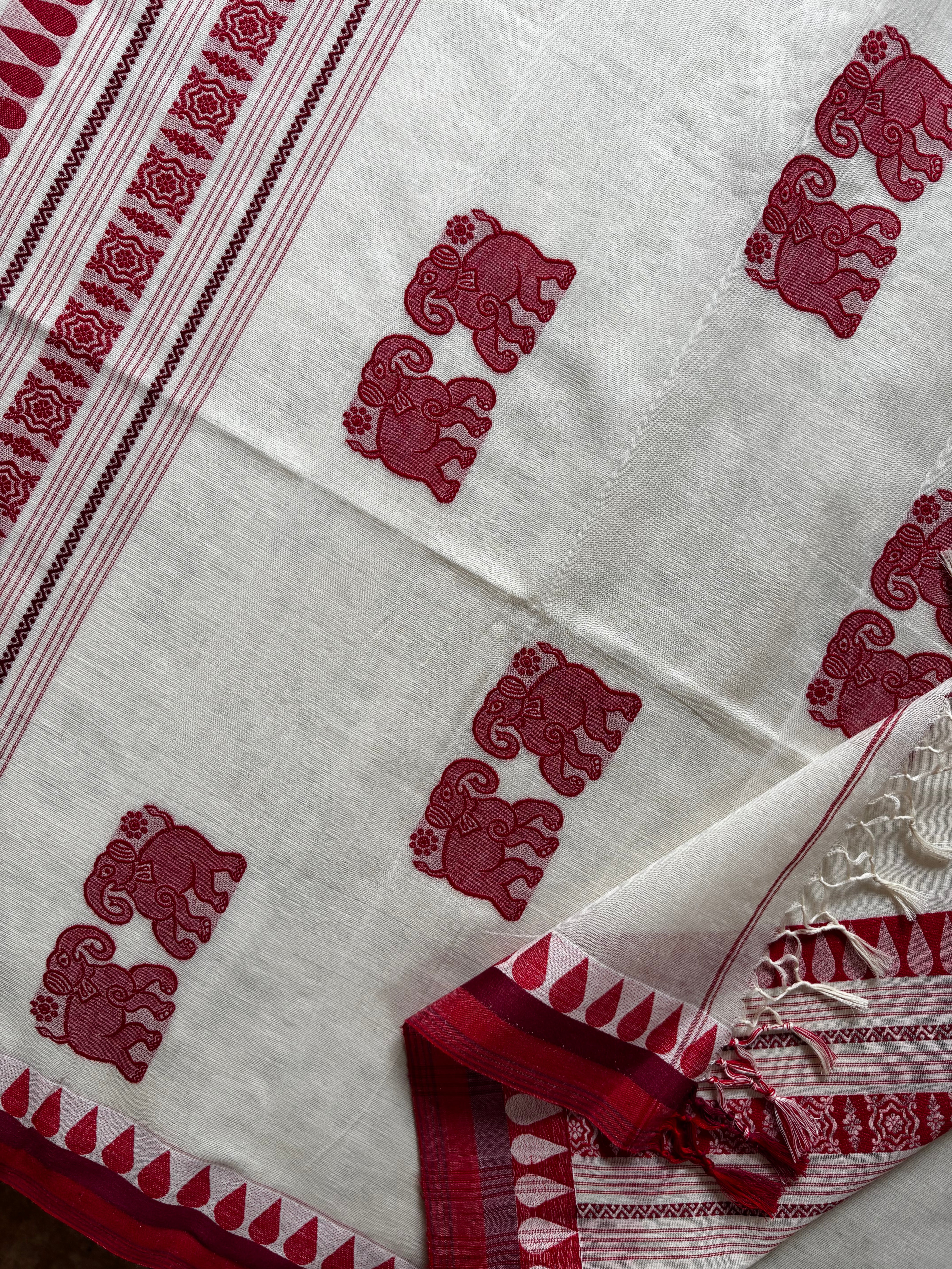 Handwoven Offwhite Red Phulia Cotton Saree