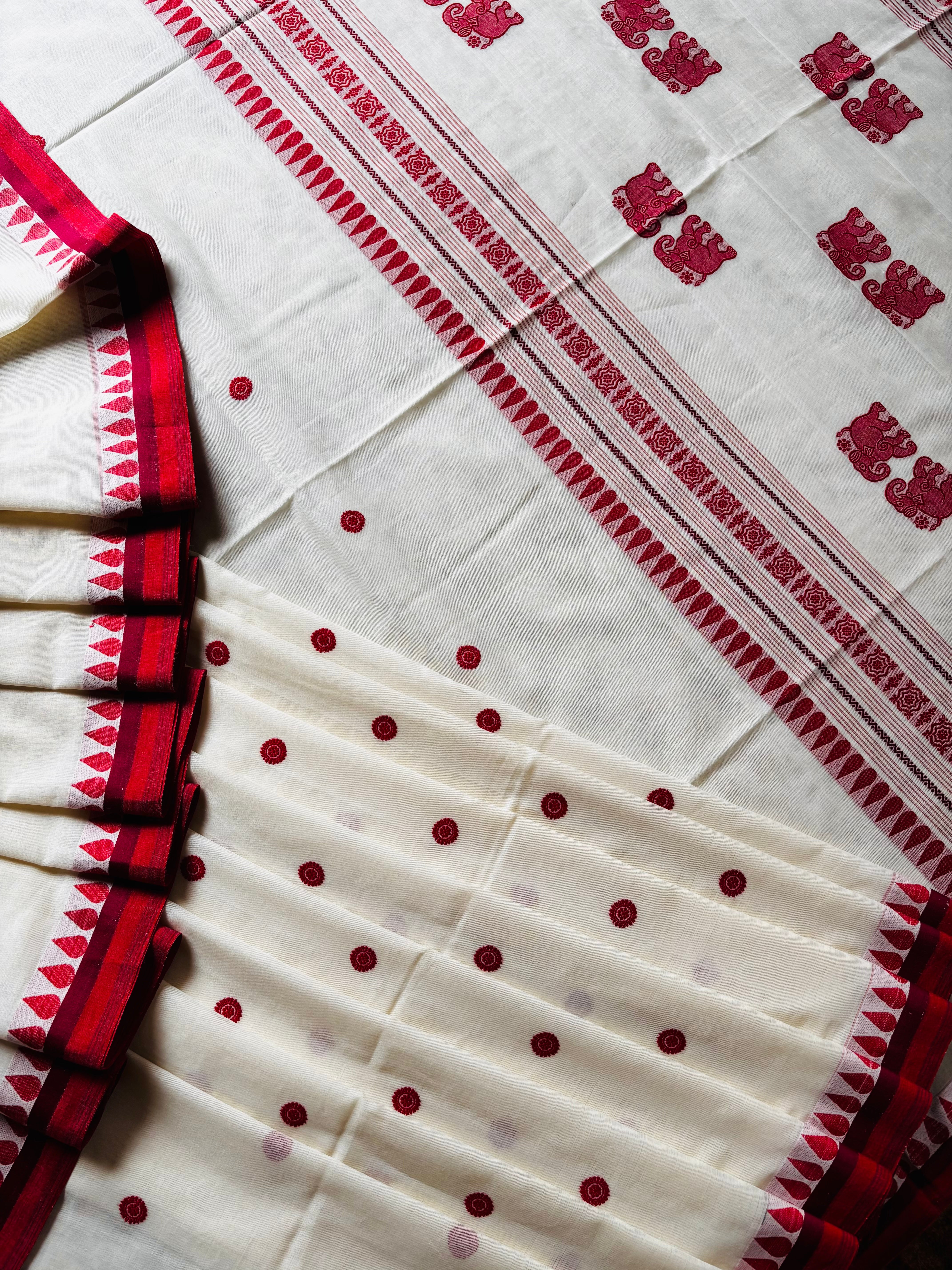 Handwoven Offwhite Red Phulia Cotton Saree