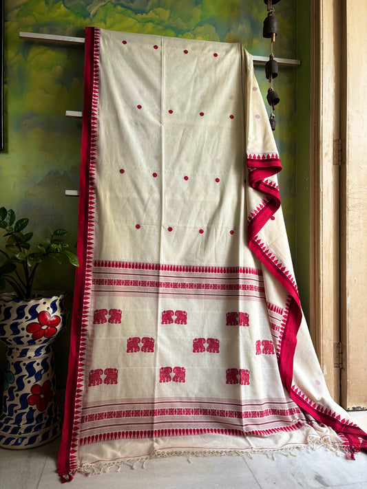 Handwoven Offwhite Red Phulia Cotton Saree