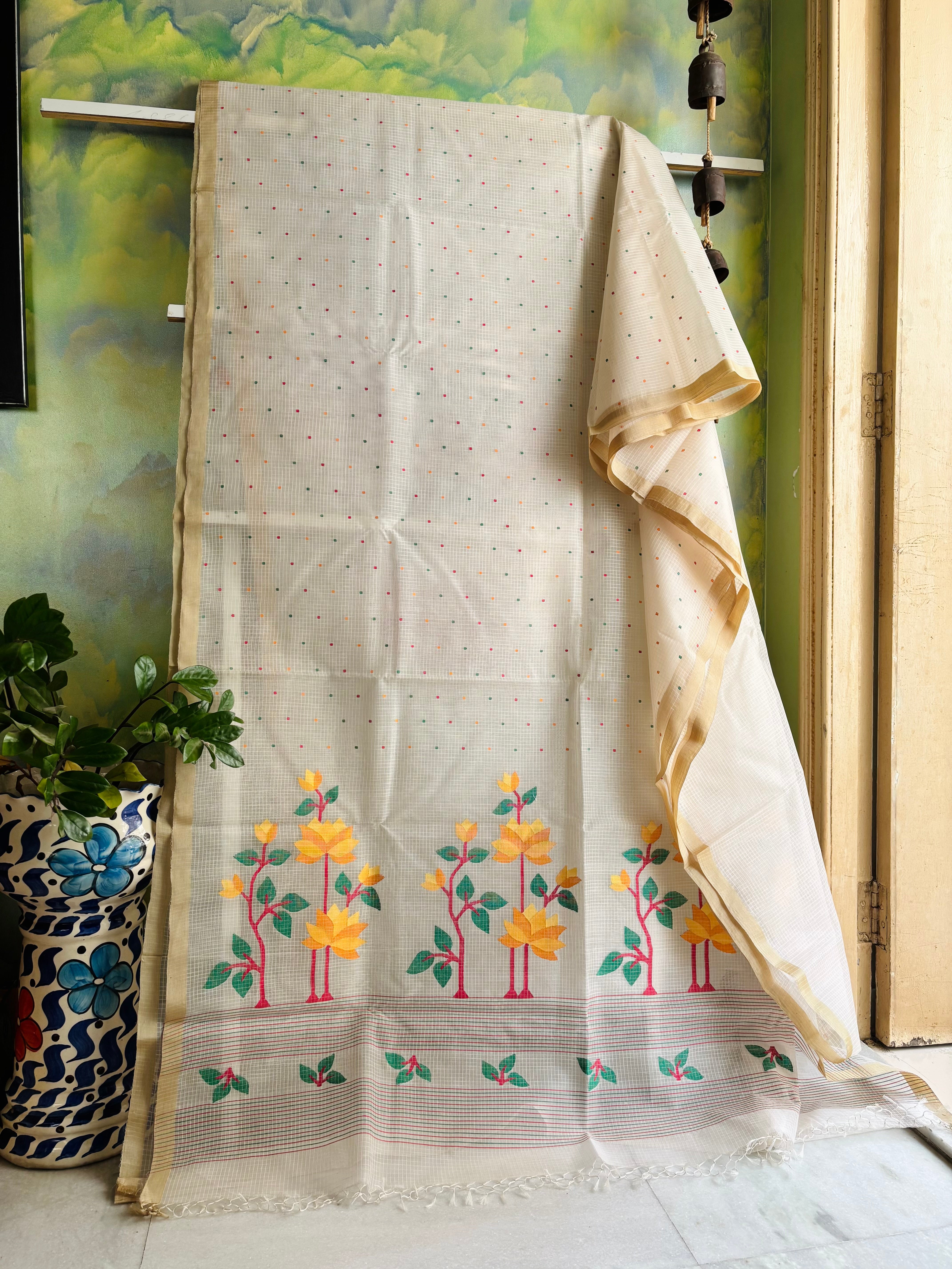 Handwoven Resham Kota Ivory with Tussar Border Jamdani
