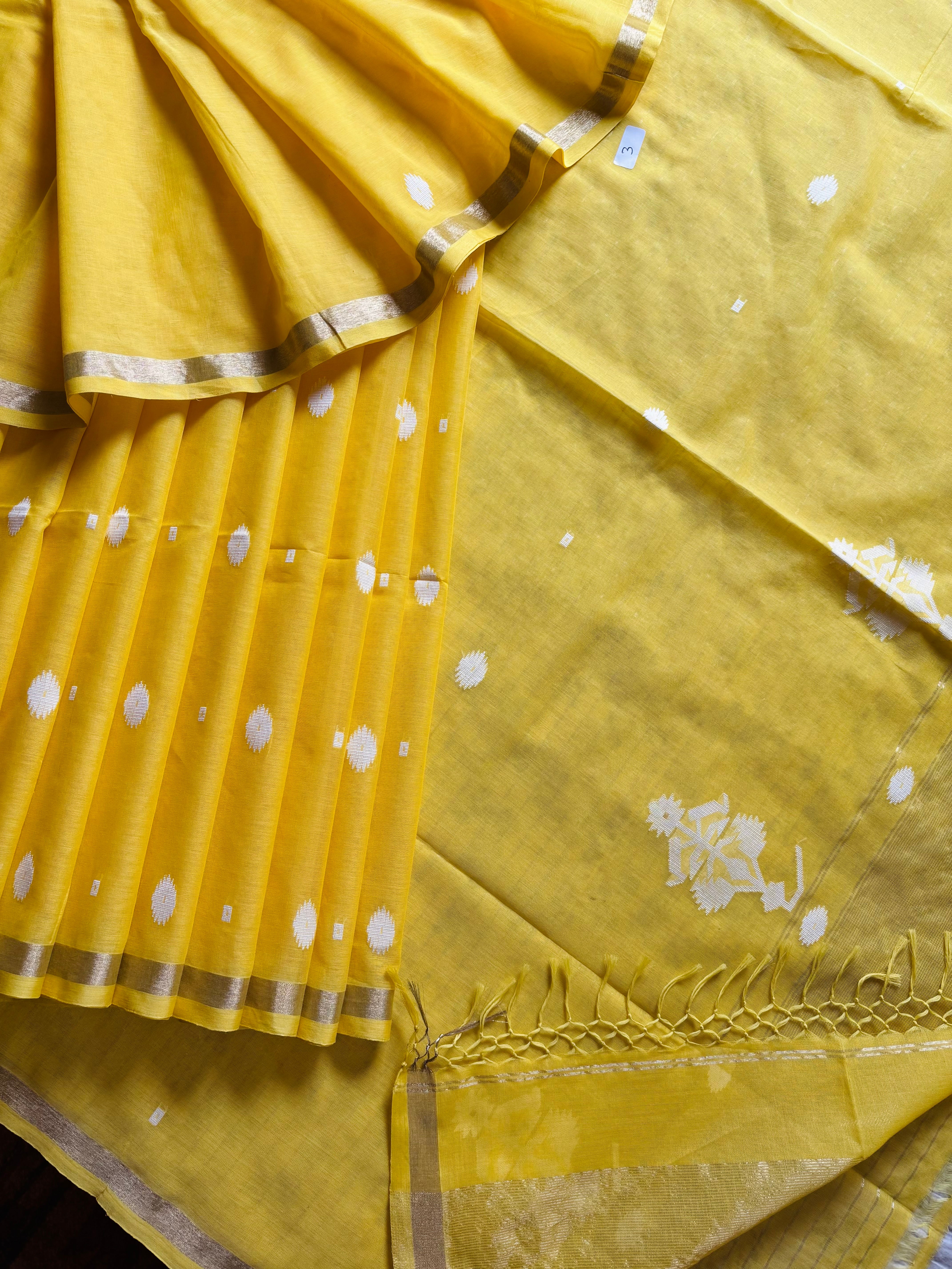 Handwoven Yellow Cotton Jamdani Saree