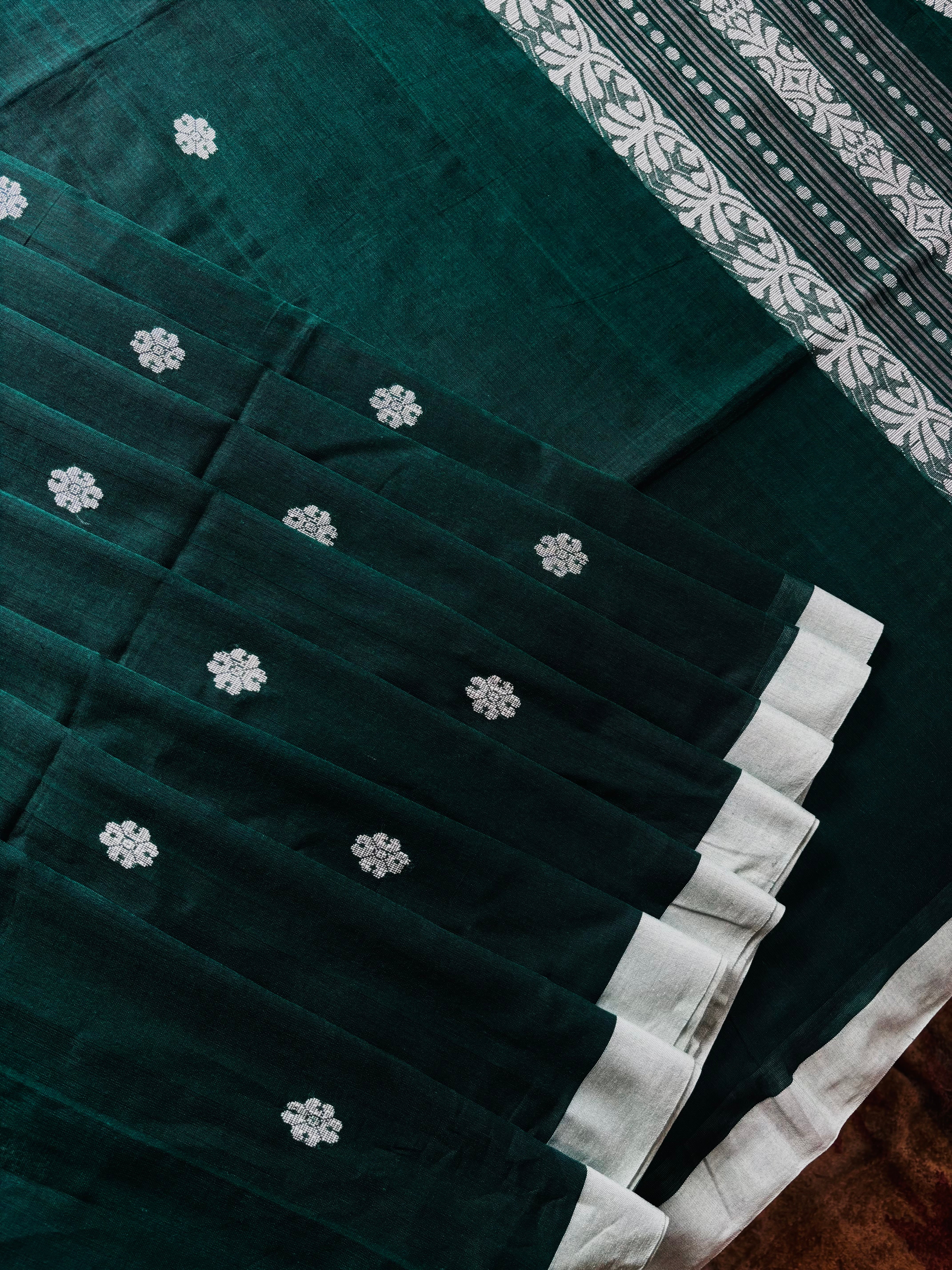 Handwoven Dark Bottle Green Colour Cotton Jamdani Saree